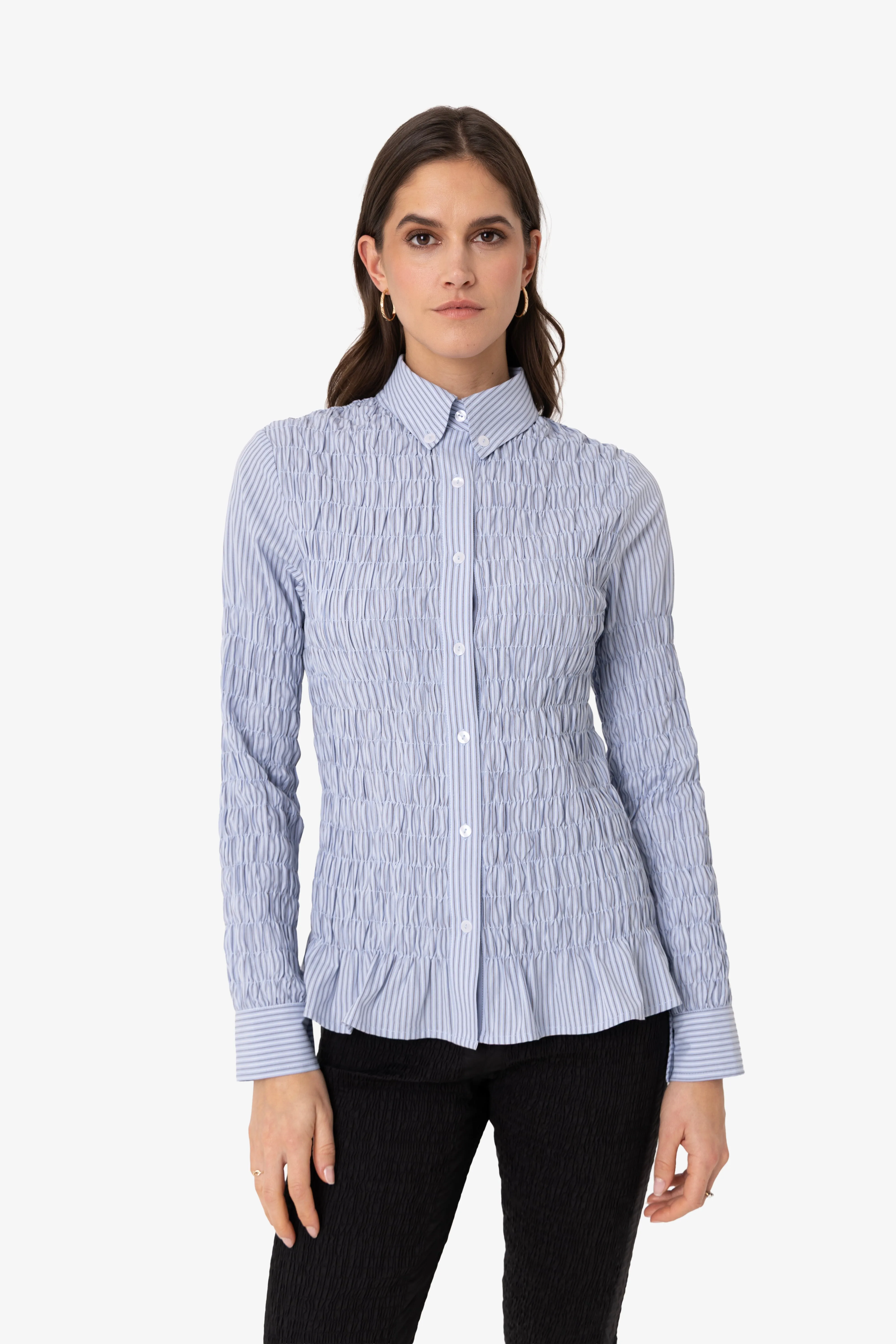 Olivia Smocked Cotton Shirt in Blue Stripe sold by AMYLYNN product image thumbnail 4