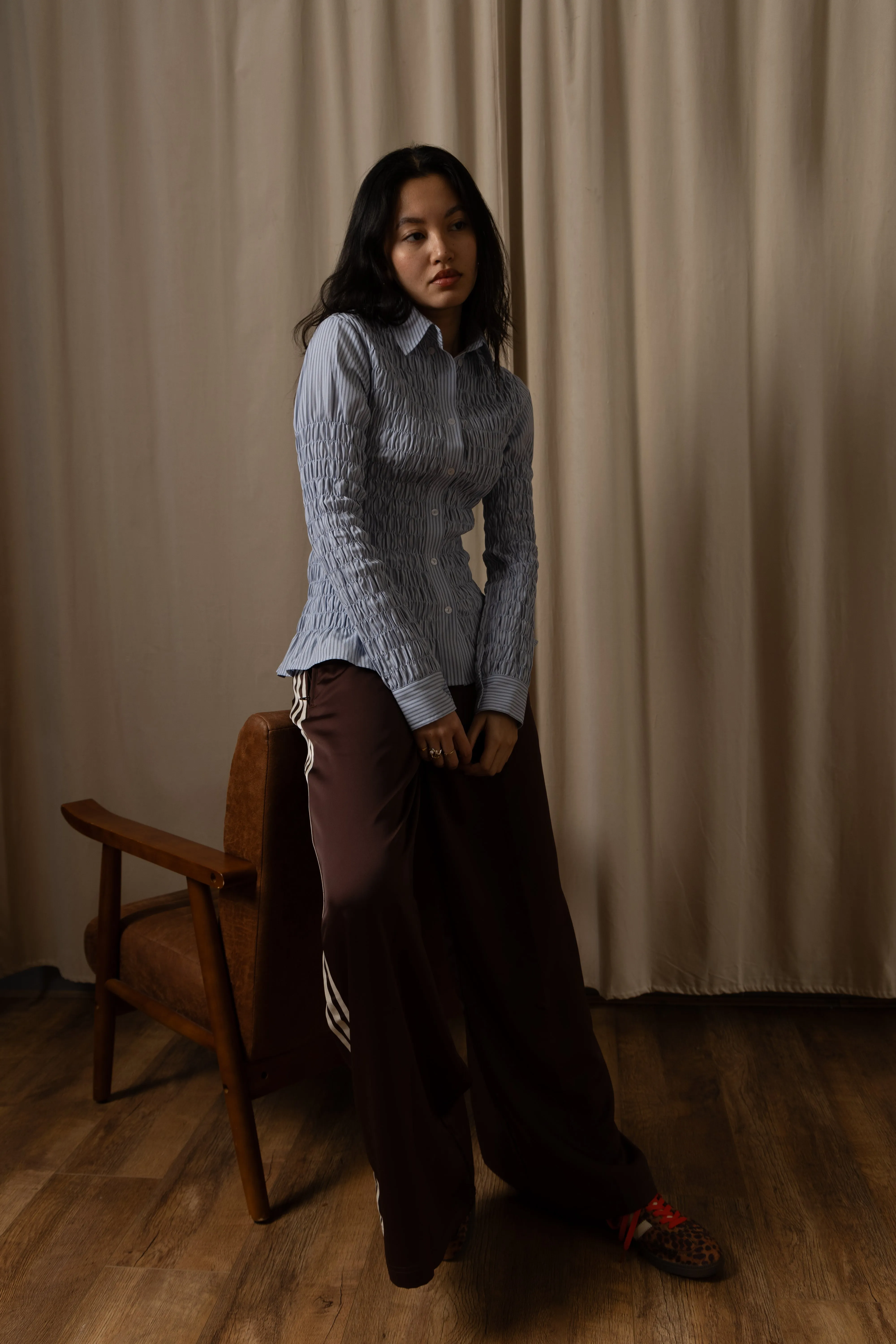 Olivia Smocked Cotton Shirt in Blue Stripe sold by AMYLYNN product image thumbnail 2