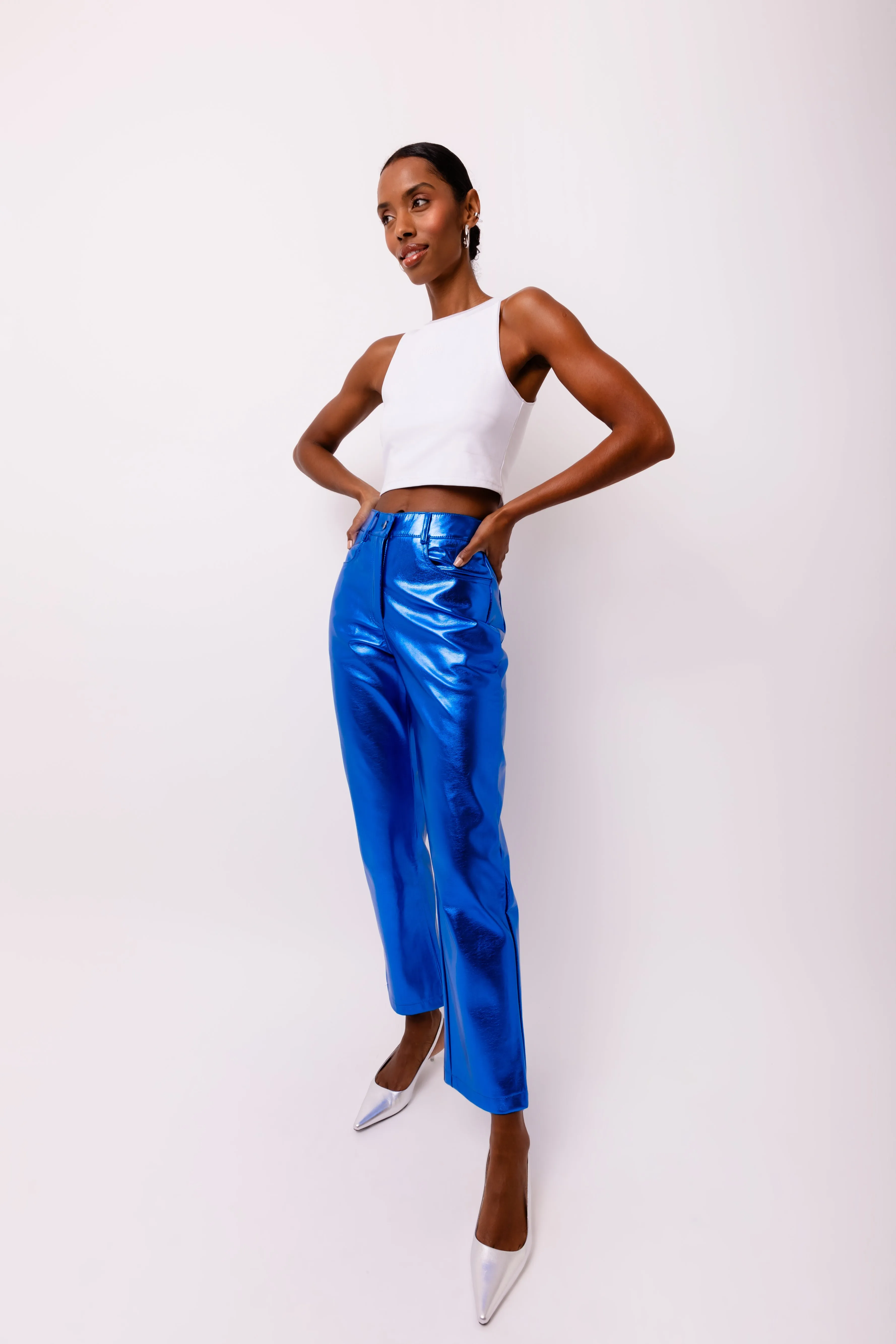 Lupe Cobalt Blue Leather Metallic Trousers sold by AMYLYNN product image thumbnail 3