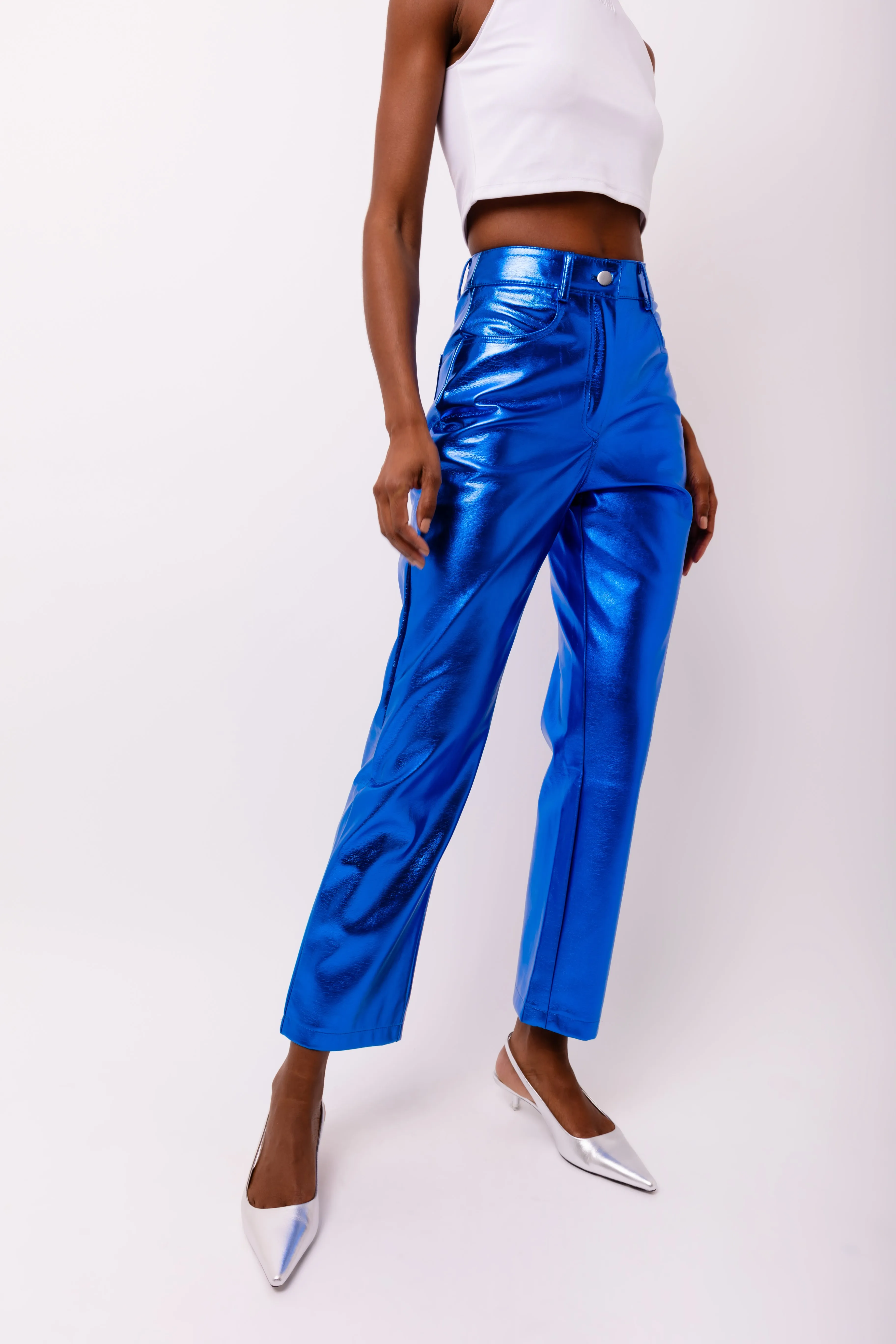 Lupe Cobalt Blue Leather Metallic Trousers sold by AMYLYNN