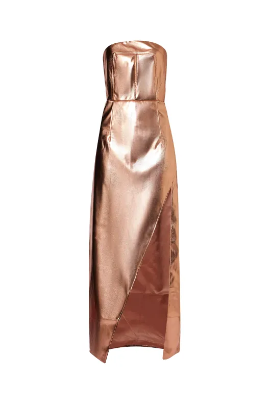 Gizelle Rose Gold Metallic Strapless Maxi Dress made by AMYLYNN