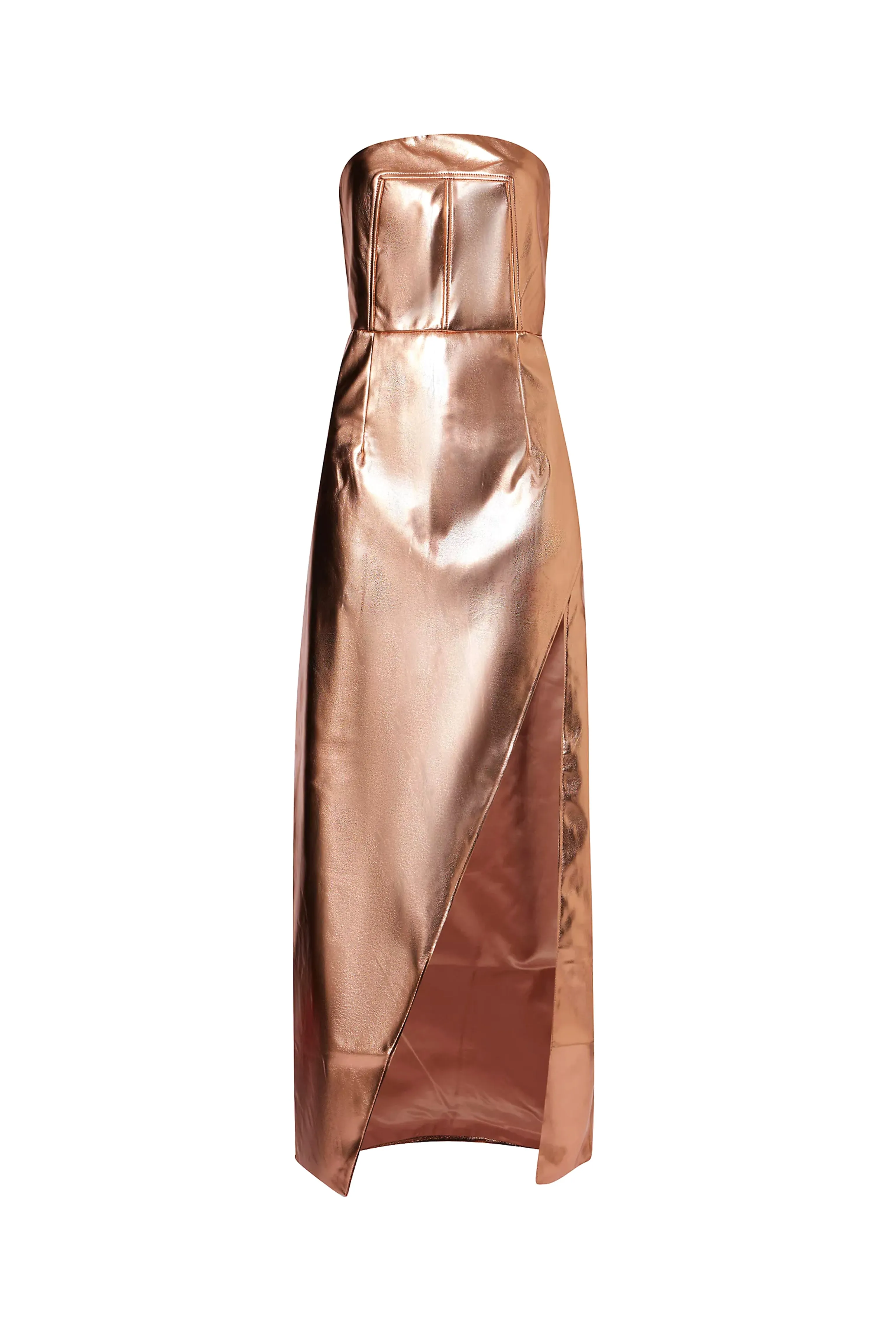 Gizelle Rose Gold Metallic Strapless Maxi Dress sold by AMYLYNN