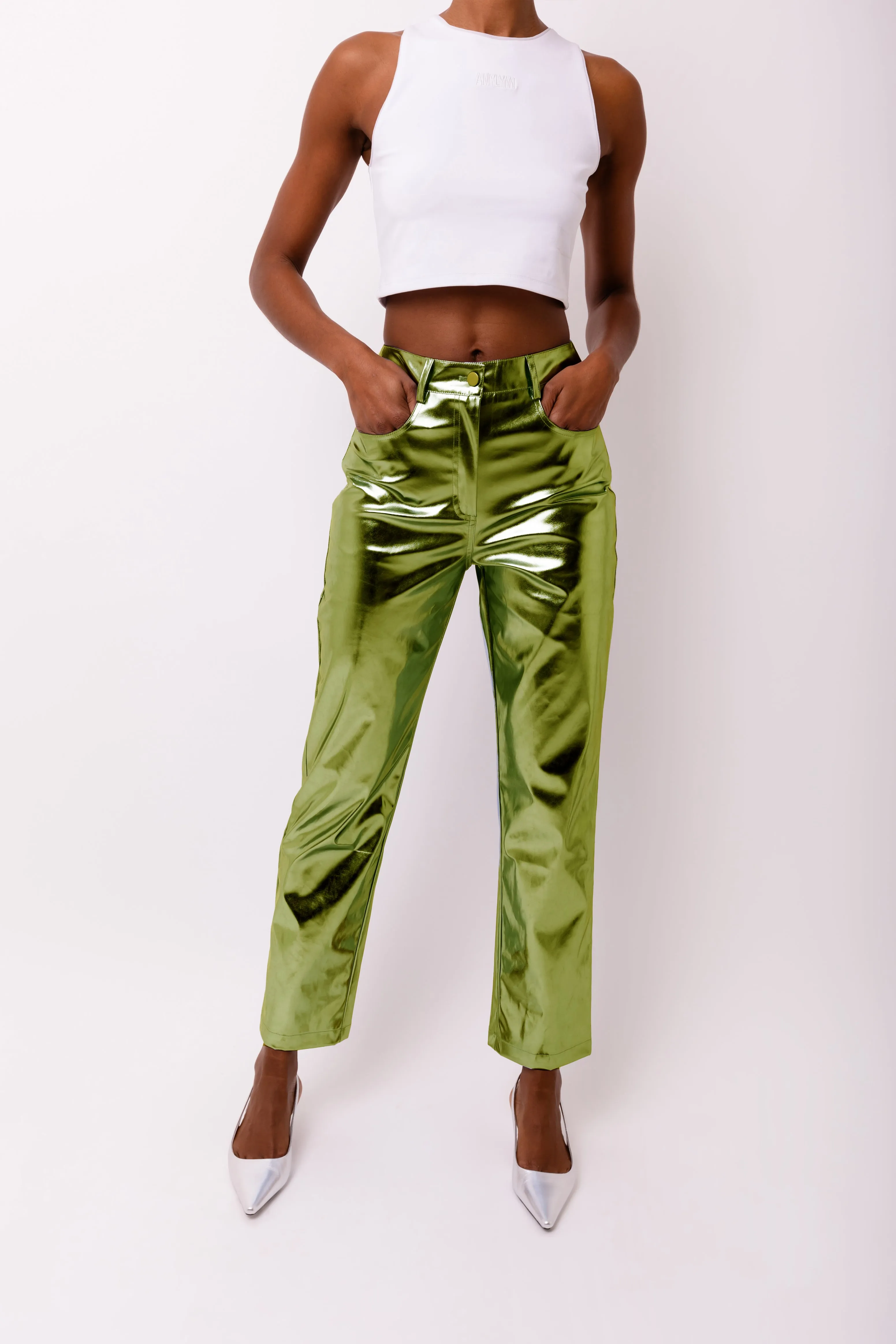 Lupe Khaki Metallic Trousers sold by AMYLYNN