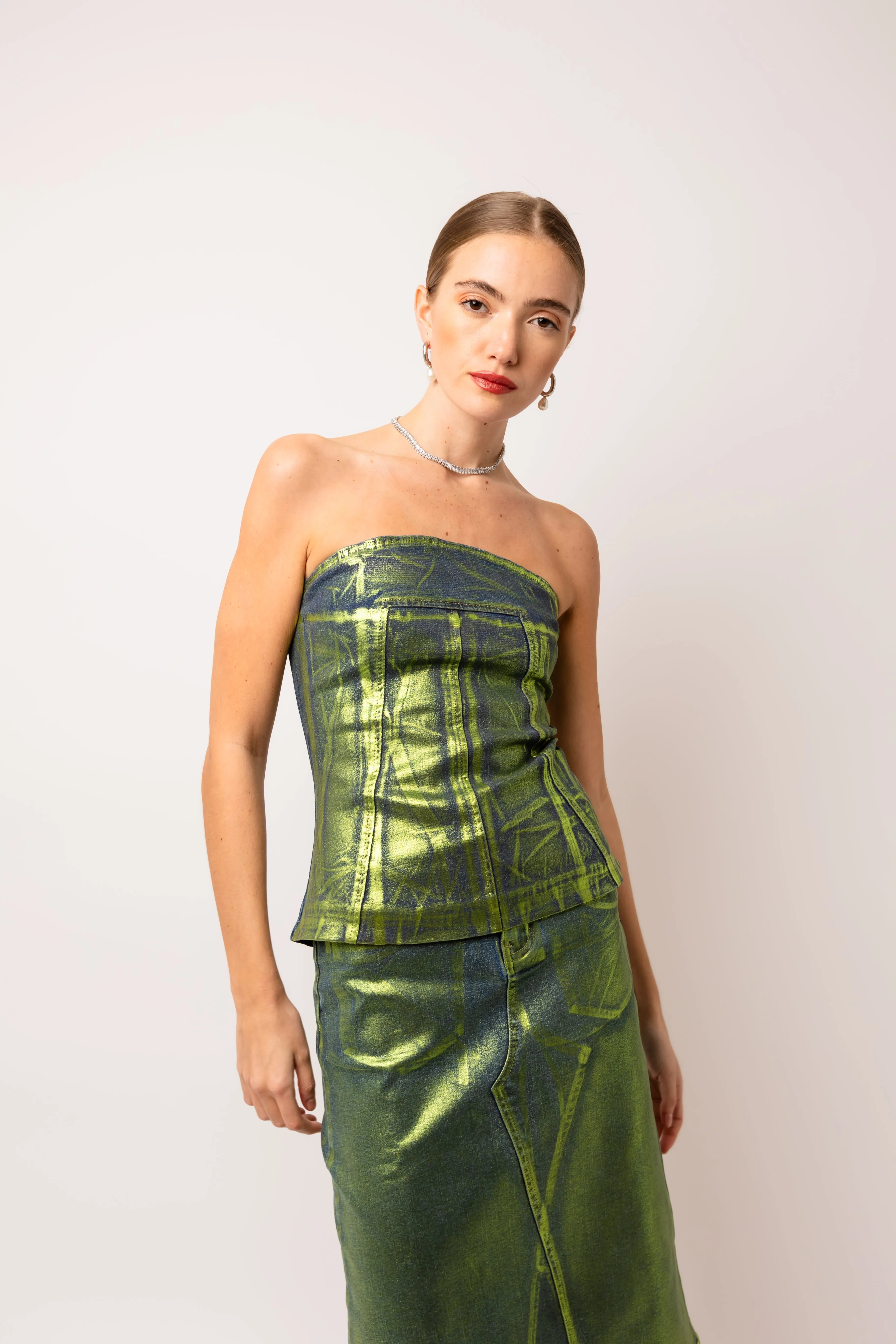 Johanna Rich Cotton Green Denim Foil Coated Top sold by AMYLYNN product image thumbnail 2