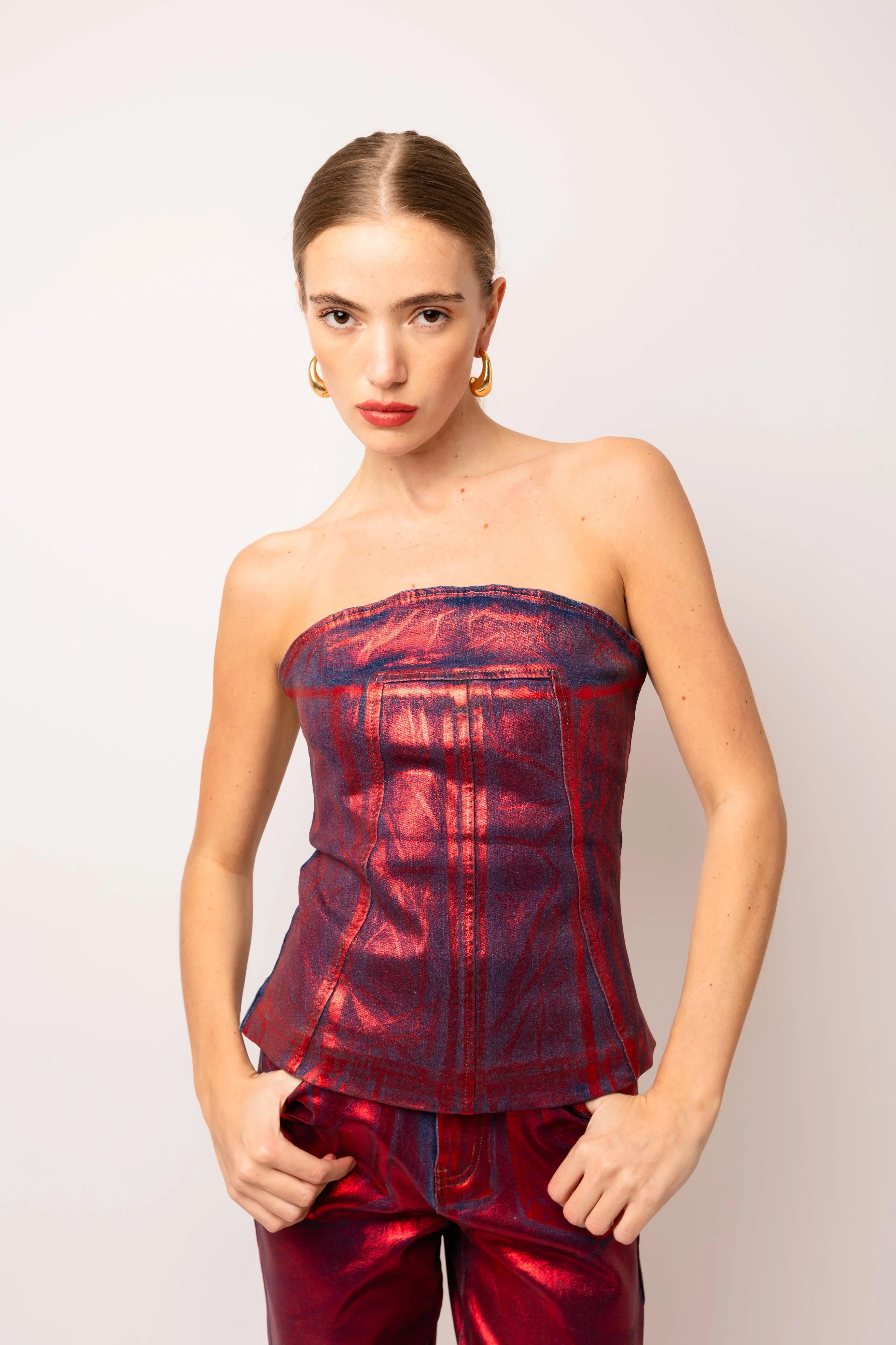 Johanna Rich Cotton Red Denim Foil Coated Top sold by AMYLYNN