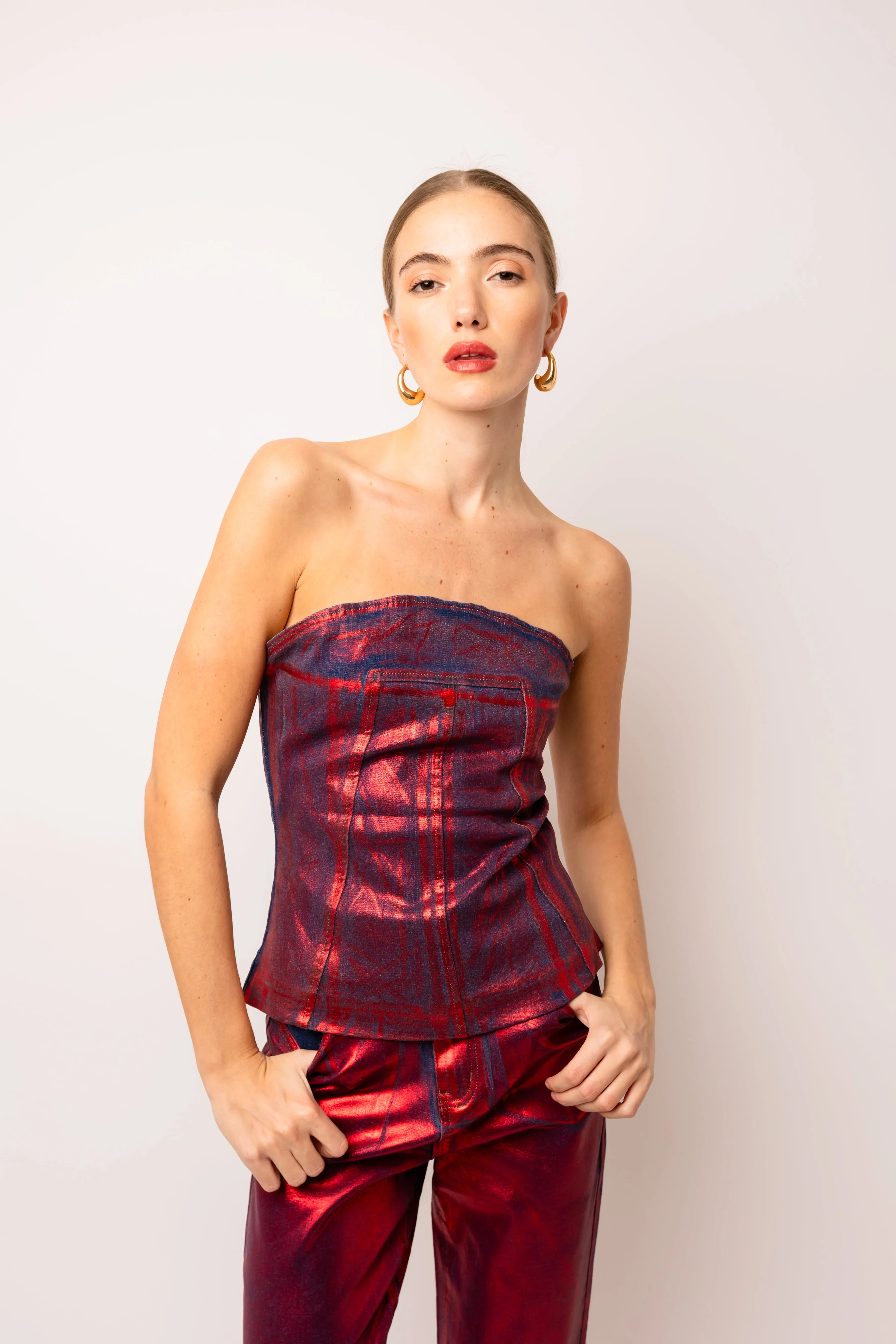 Johanna Rich Cotton Red Denim Foil Coated Top sold by AMYLYNN product image thumbnail 2