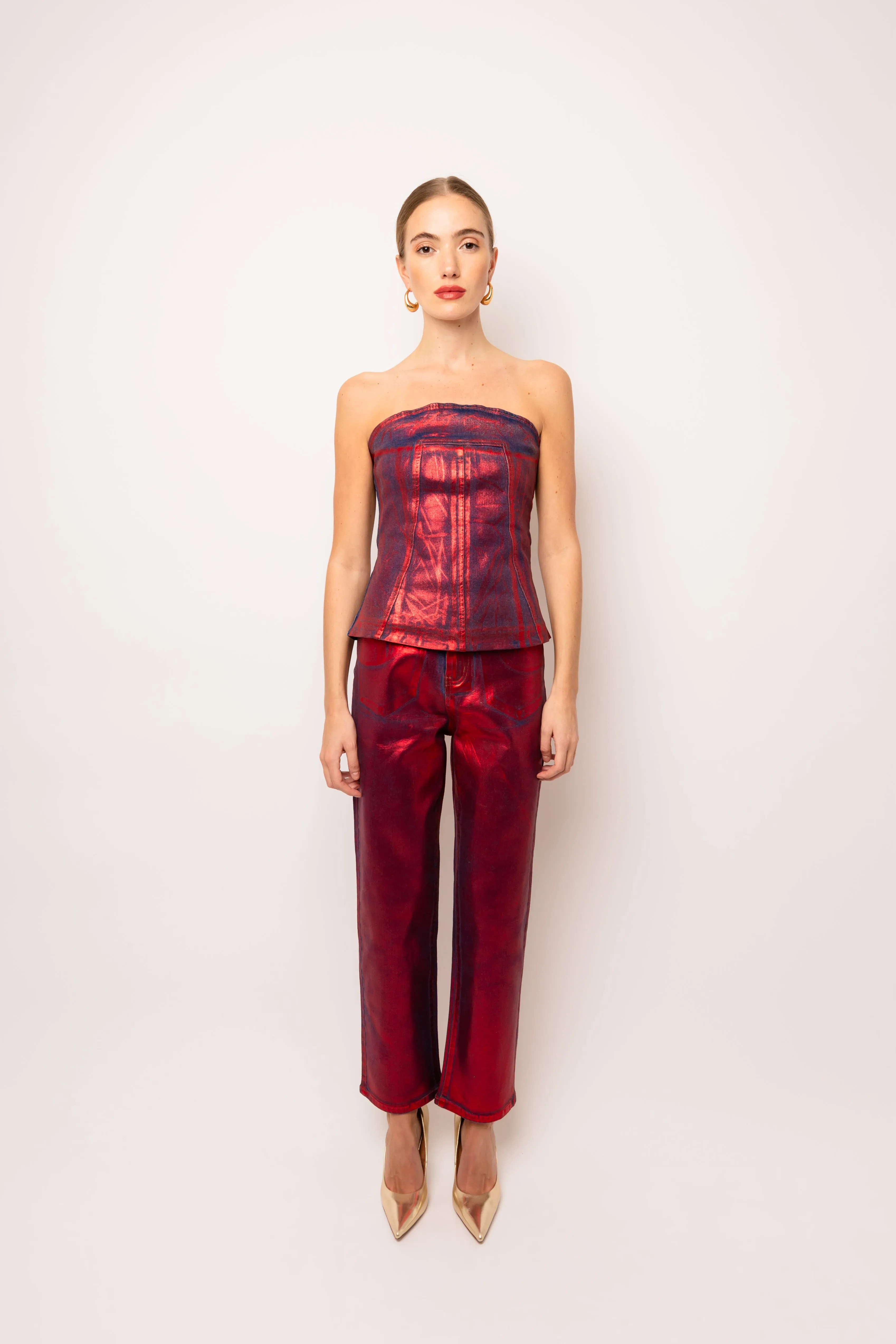 Johanna Rich Cotton Red Denim Foil Coated Top sold by AMYLYNN product image thumbnail 3