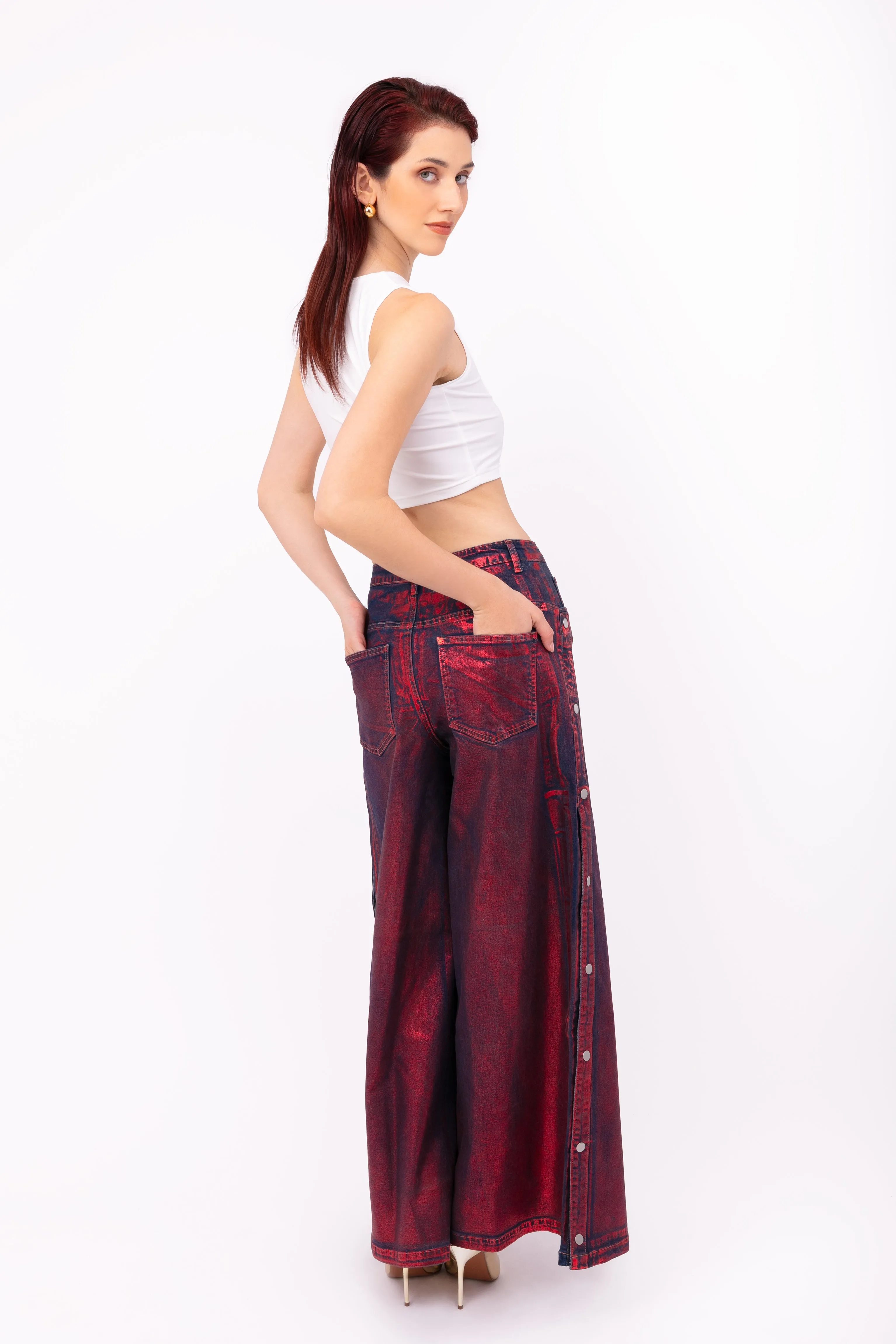 Wren Pure Cotton Red Foil Coated Denim Trousers sold by AMYLYNN product image thumbnail 5