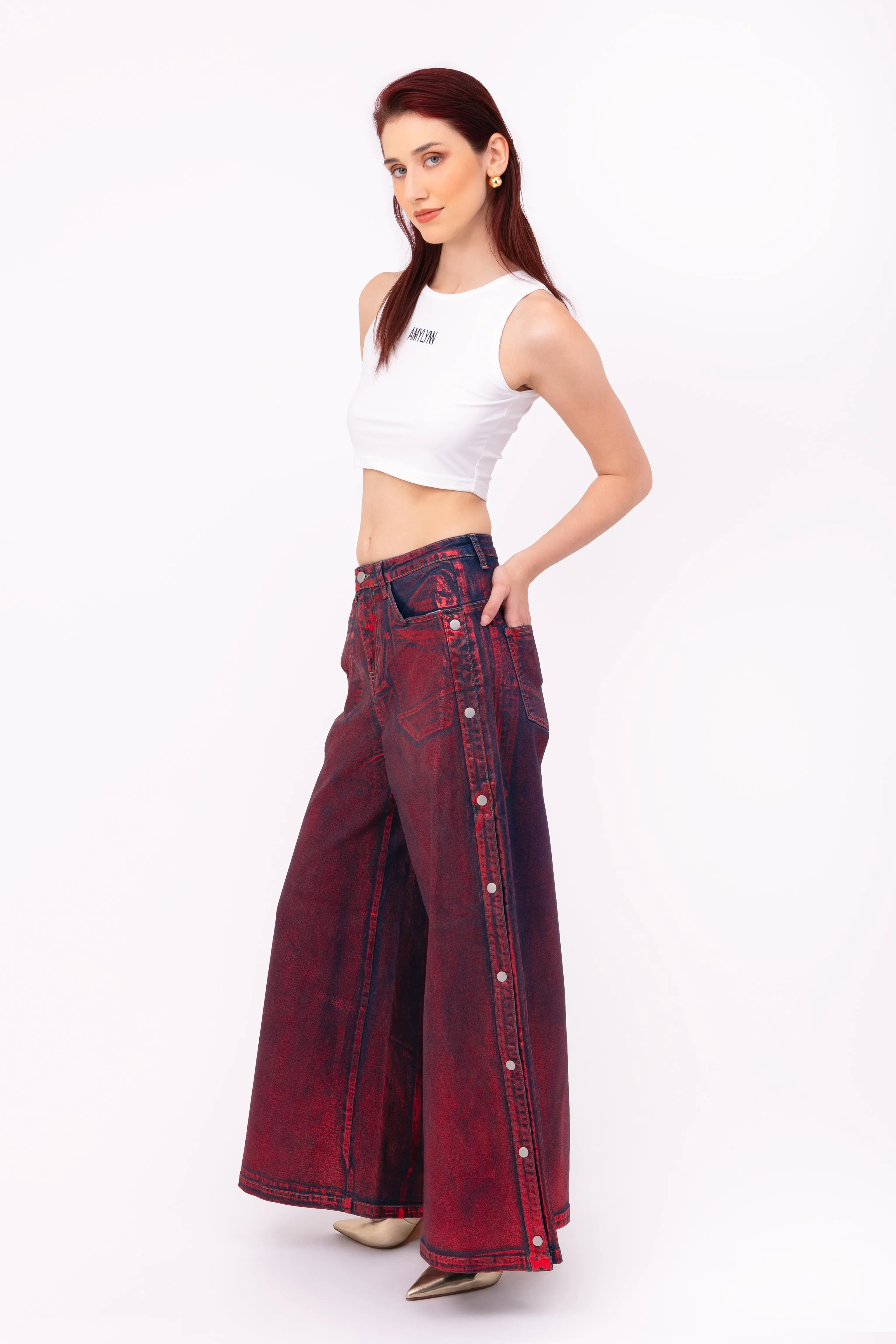 Wren Pure Cotton Red Foil Coated Denim Trousers sold by AMYLYNN