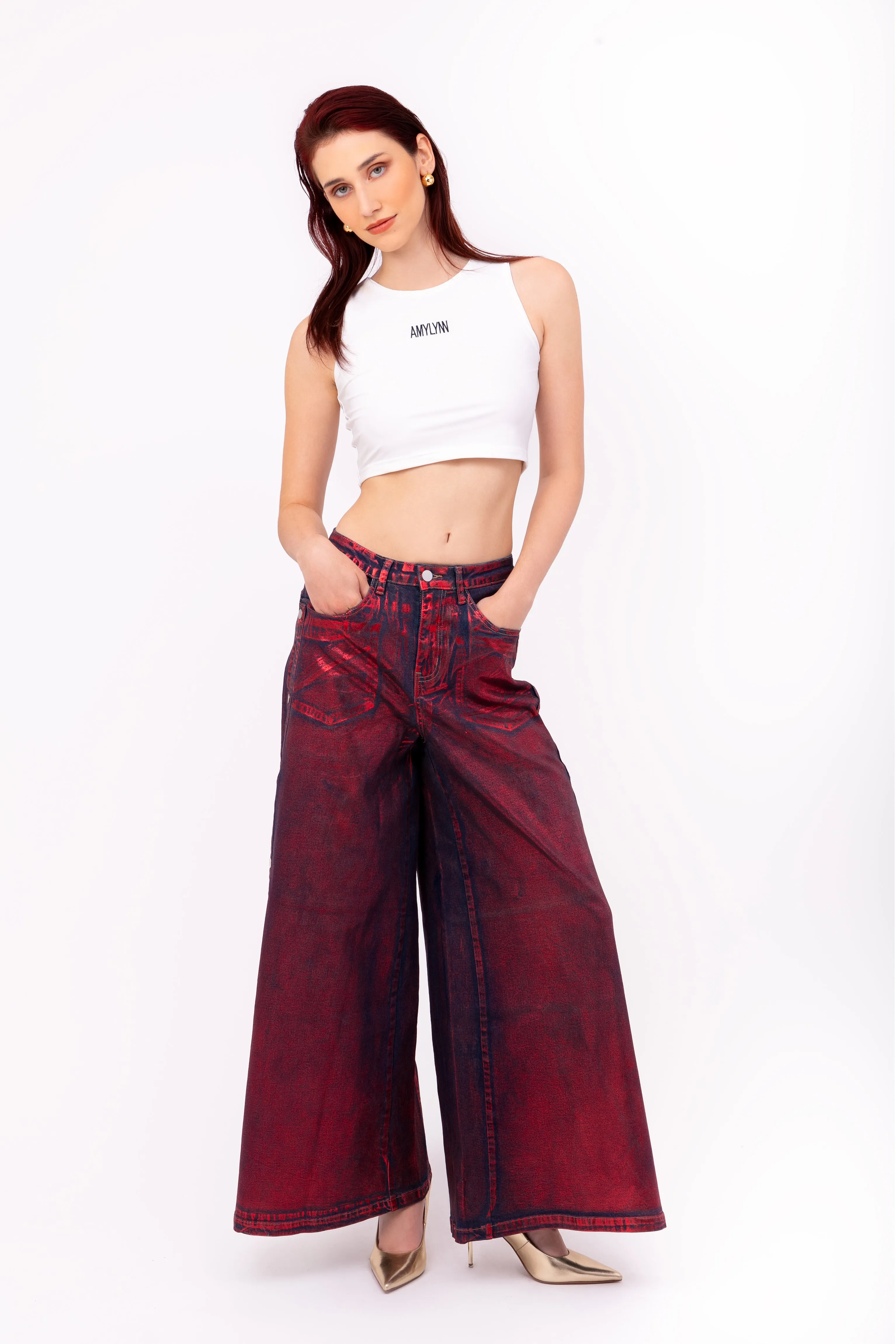 Wren Pure Cotton Red Foil Coated Denim Trousers sold by AMYLYNN product image thumbnail 2