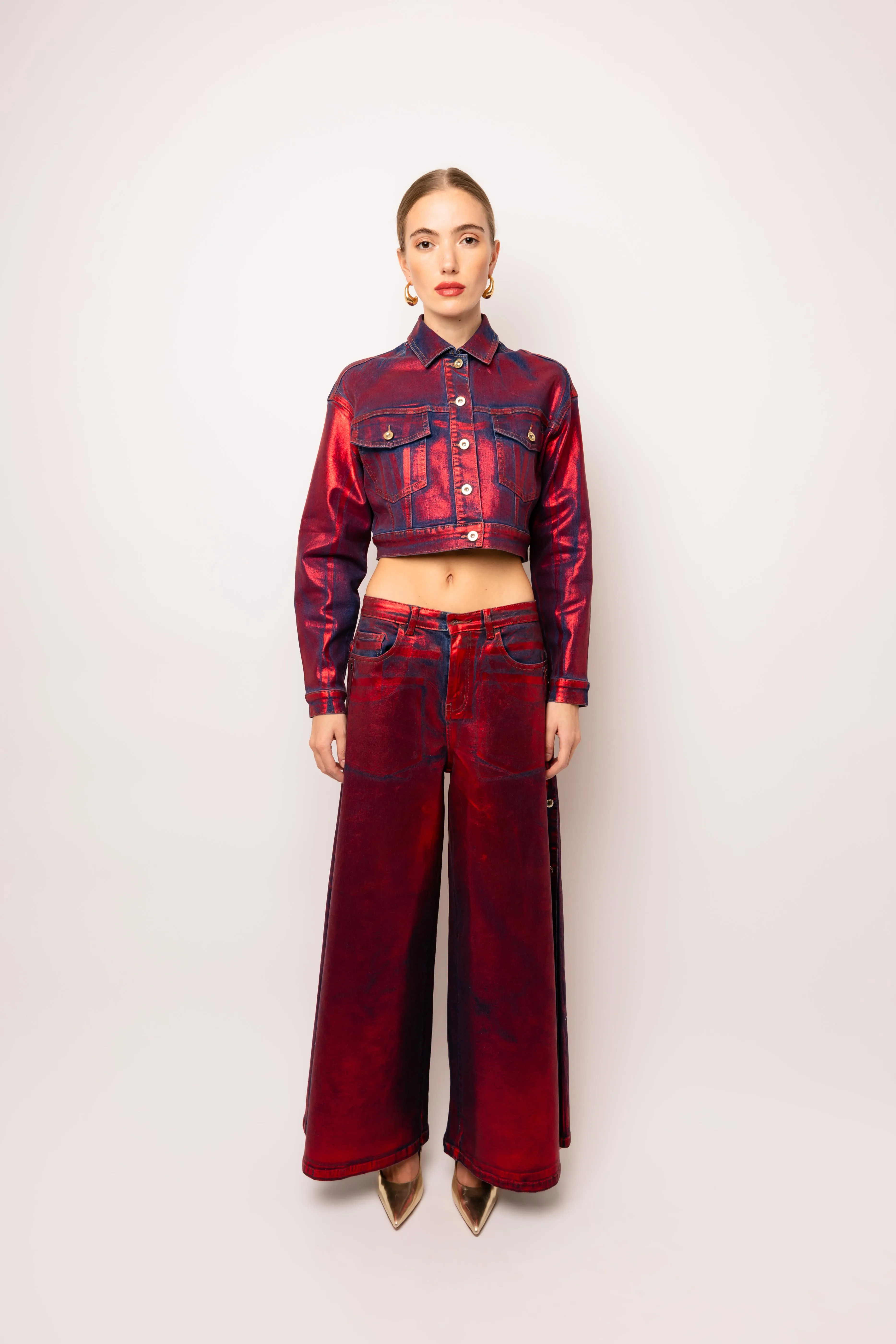 Halle Red Foil Coated Denim Jacket sold by AMYLYNN product image thumbnail 3