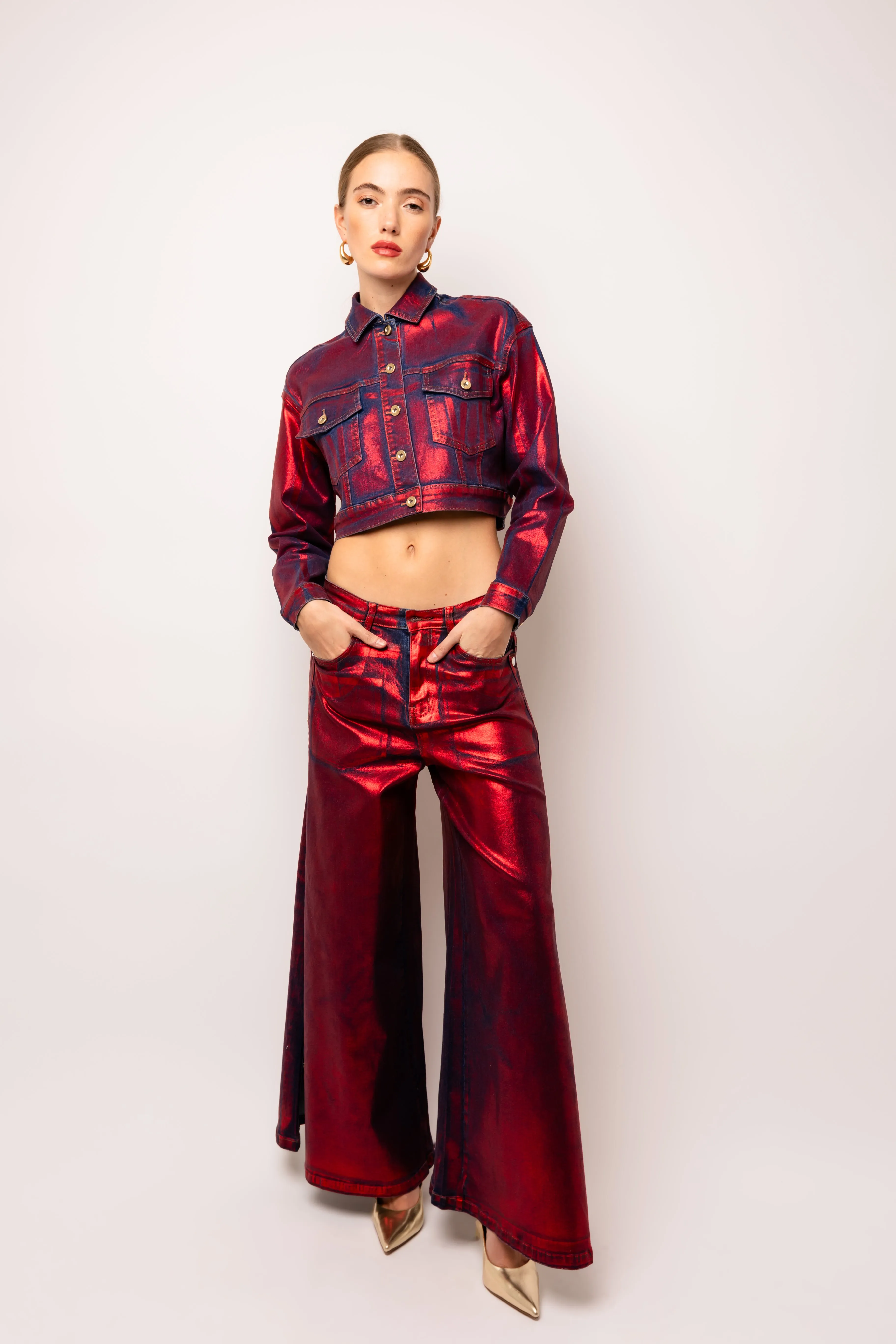 Halle Red Foil Coated Denim Jacket sold by AMYLYNN