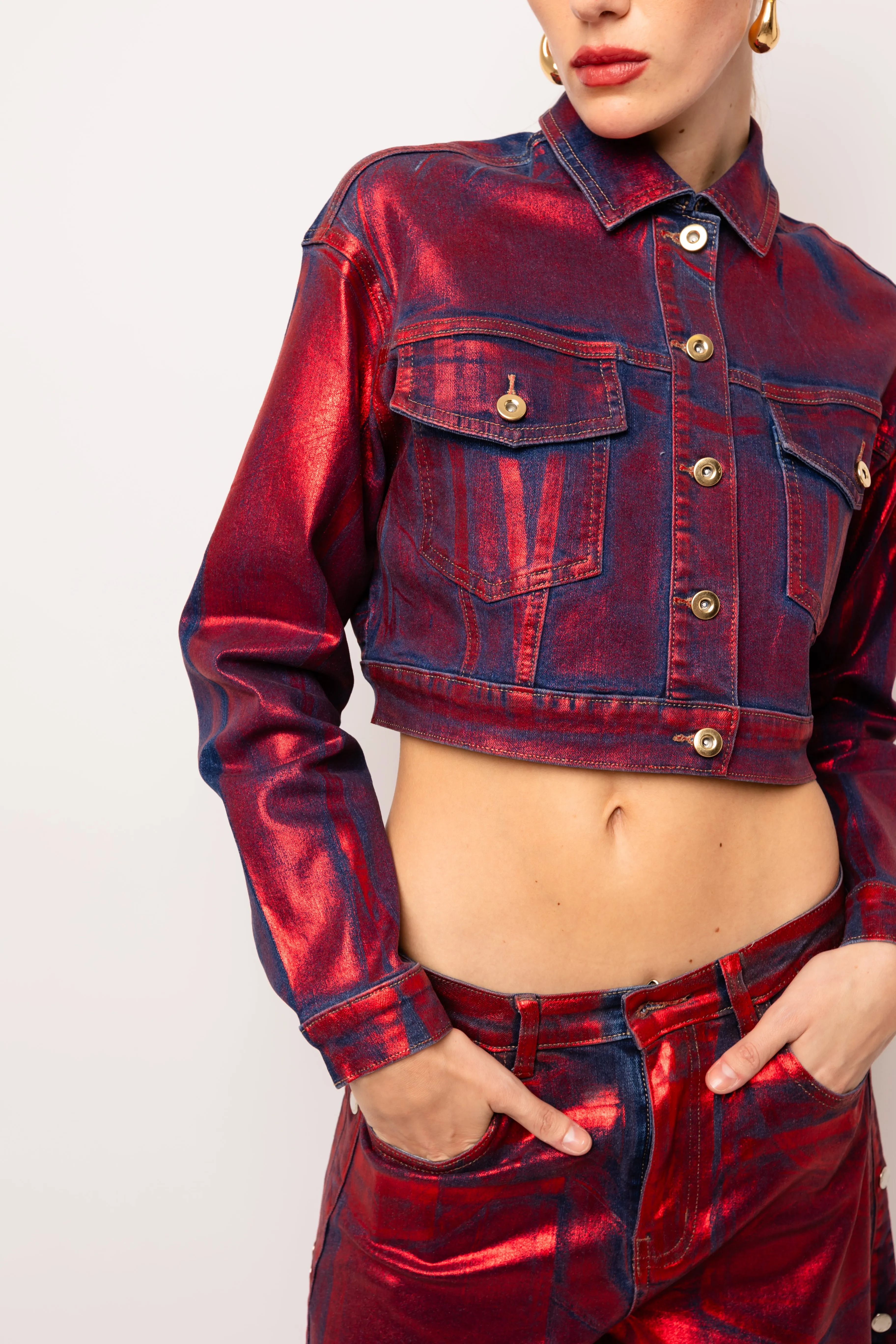 Halle Red Foil Coated Denim Jacket sold by AMYLYNN product image thumbnail 2