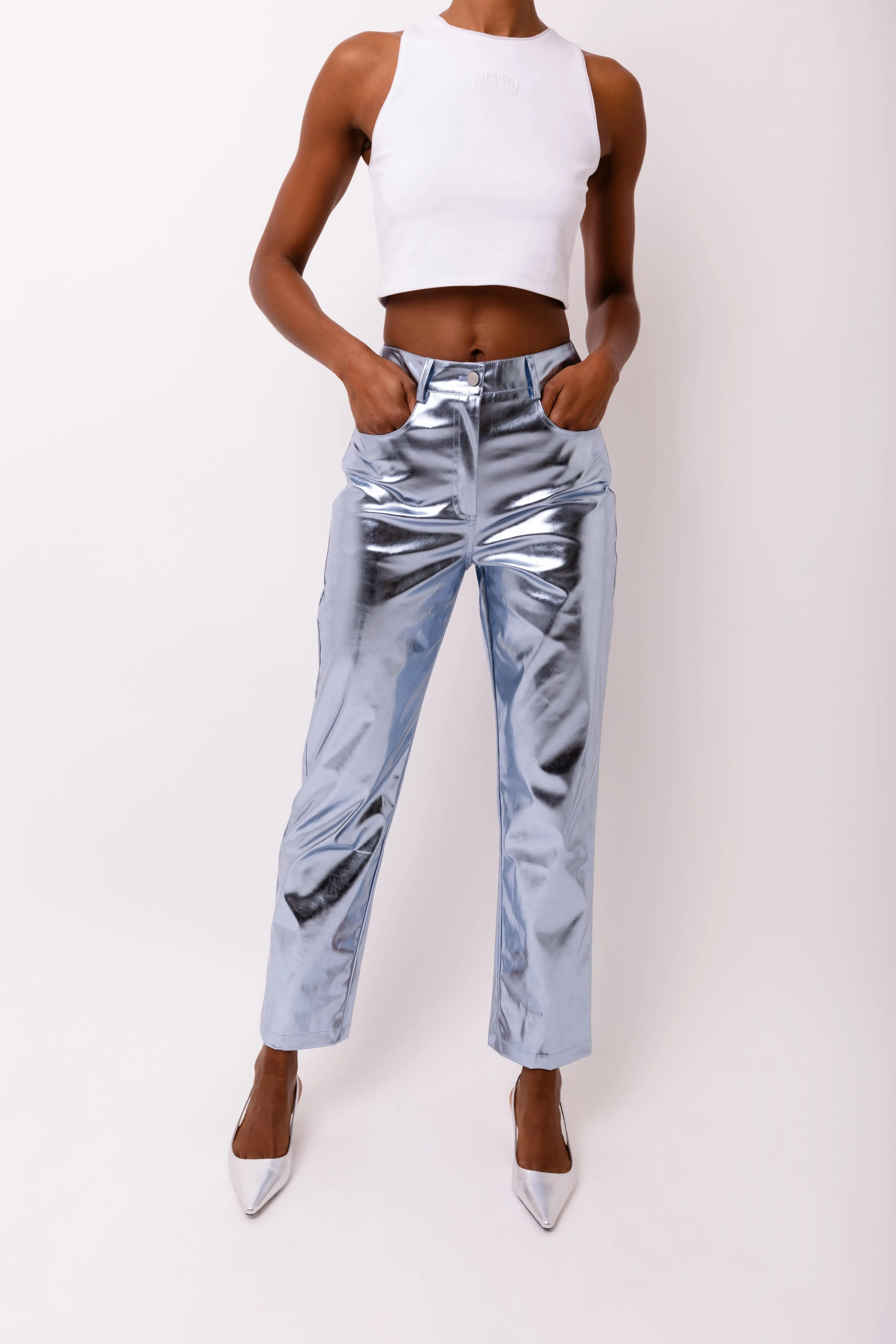 Lupe Arctic Blue Metallic Trousers sold by AMYLYNN