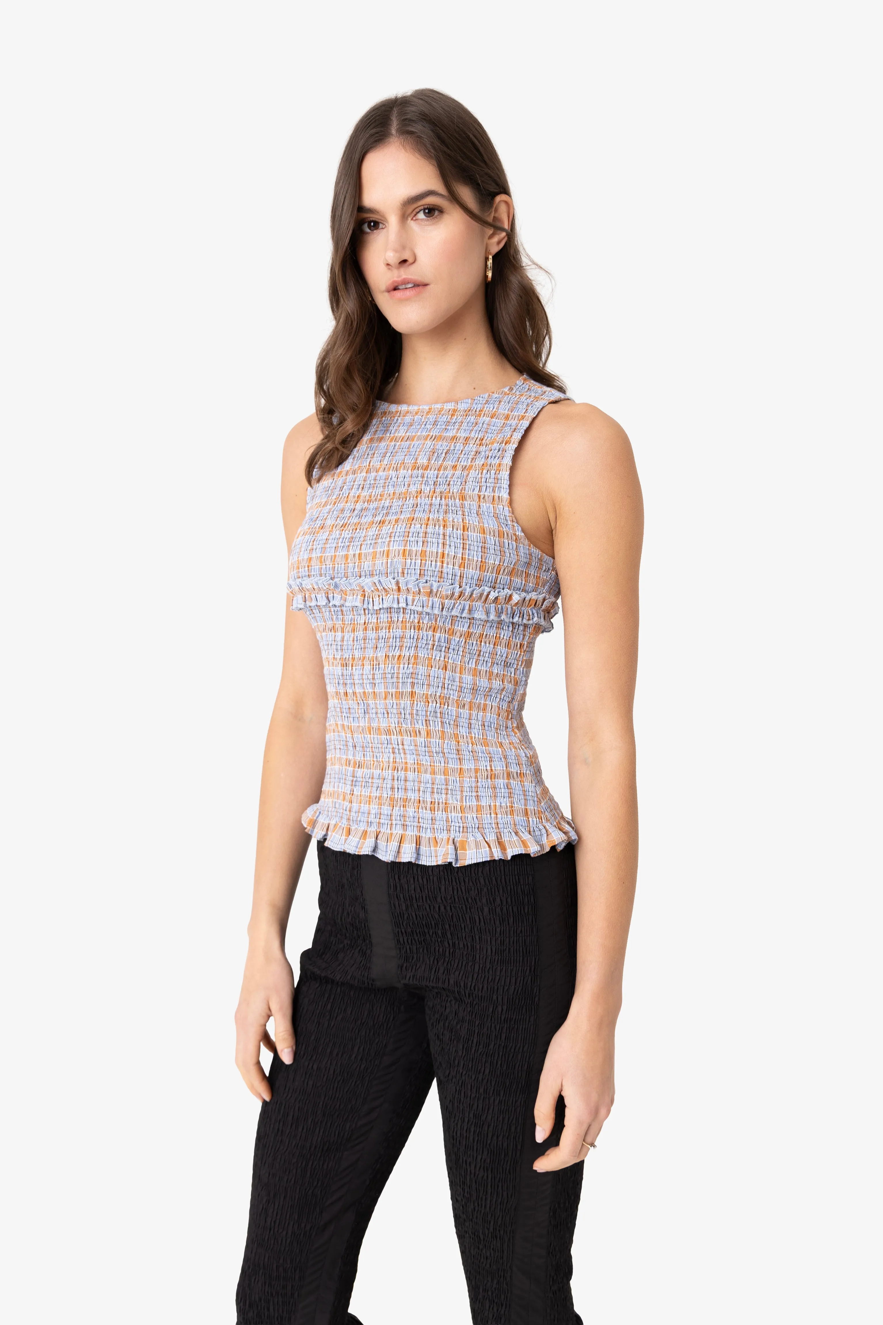 Mona Smocked Top in Blue and Orange Check sold by AMYLYNN product image thumbnail 5