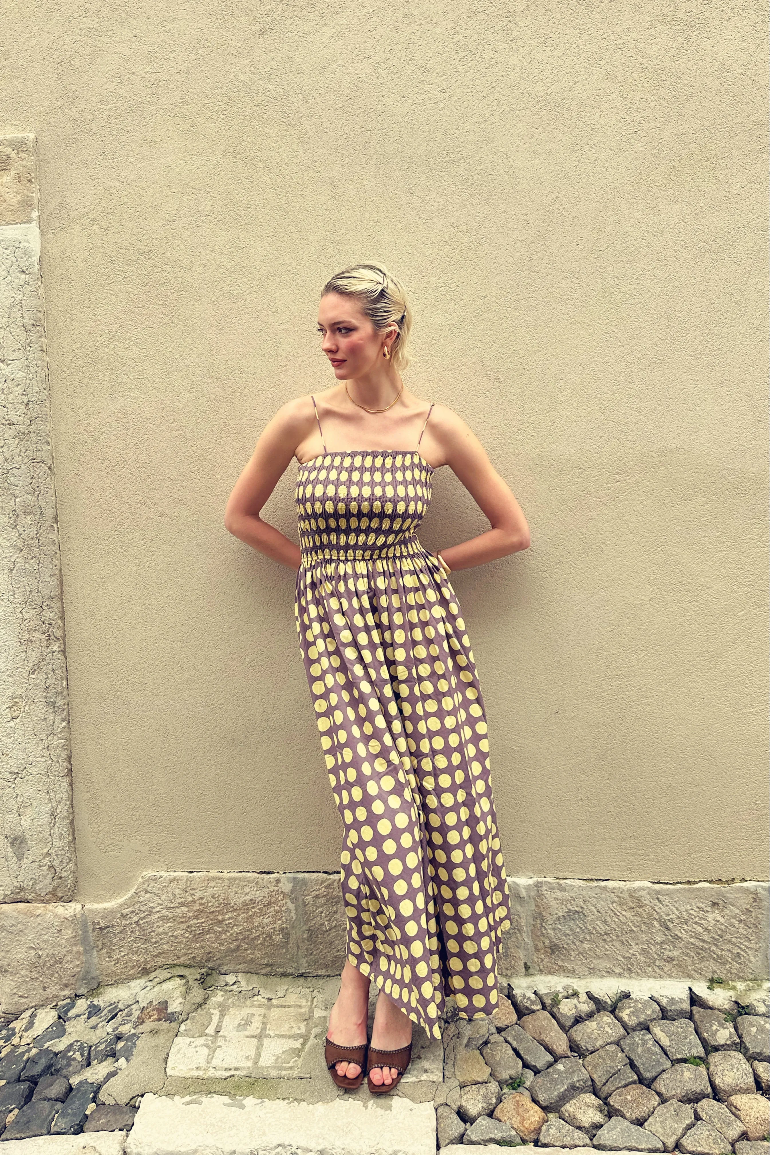 Darcy Yellow and Aubergine Contrast Polka dot Smocked Midi Dress sold by AMYLYNN product image thumbnail 3