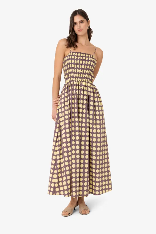 Darcy Yellow and Aubergine Contrast Polka dot Smocked Midi Dress made by AMYLYNN