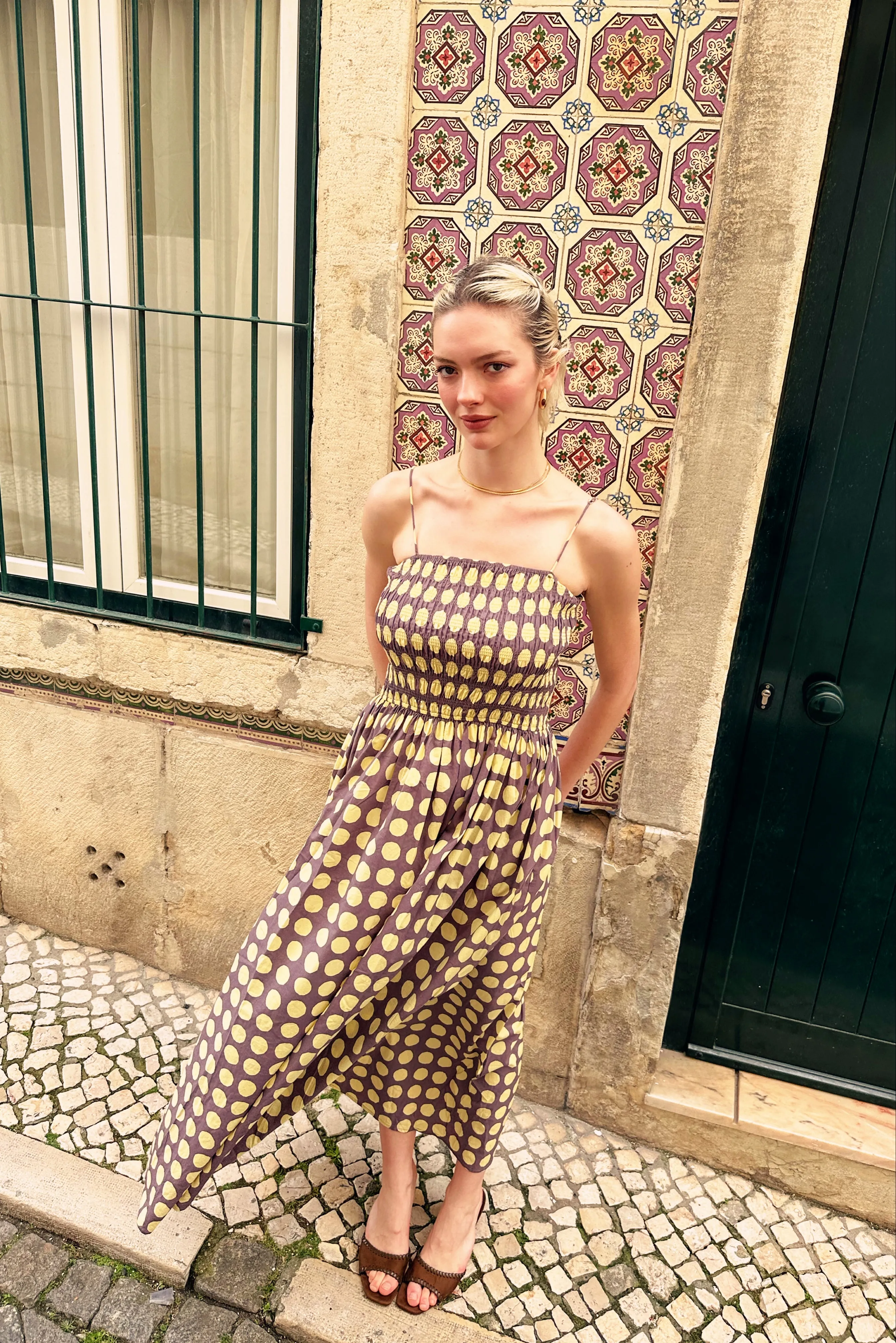 Darcy Yellow and Aubergine Contrast Polka dot Smocked Midi Dress sold by AMYLYNN product image thumbnail 4