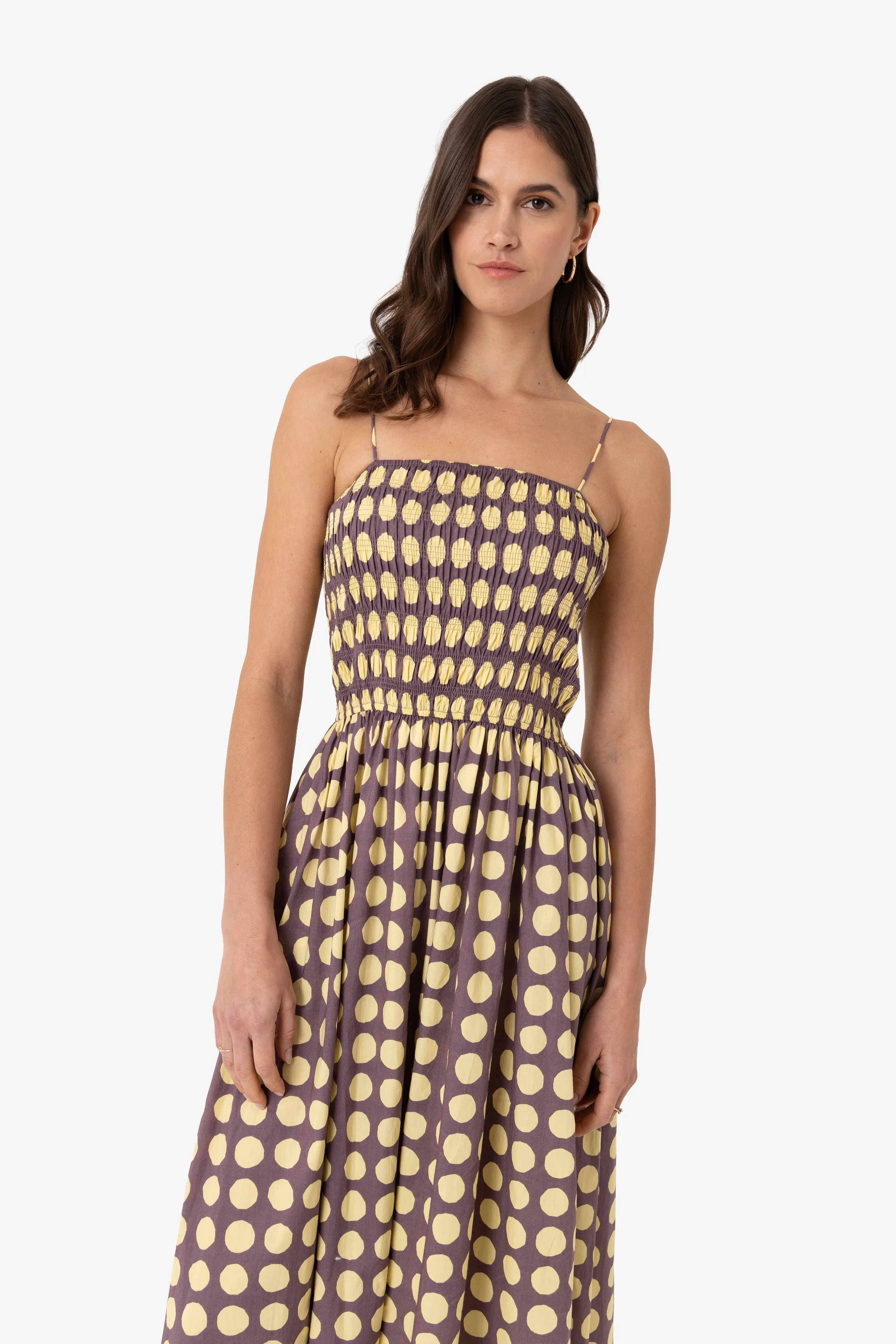 Darcy Yellow and Aubergine Contrast Polka dot Smocked Midi Dress sold by AMYLYNN product image thumbnail 5