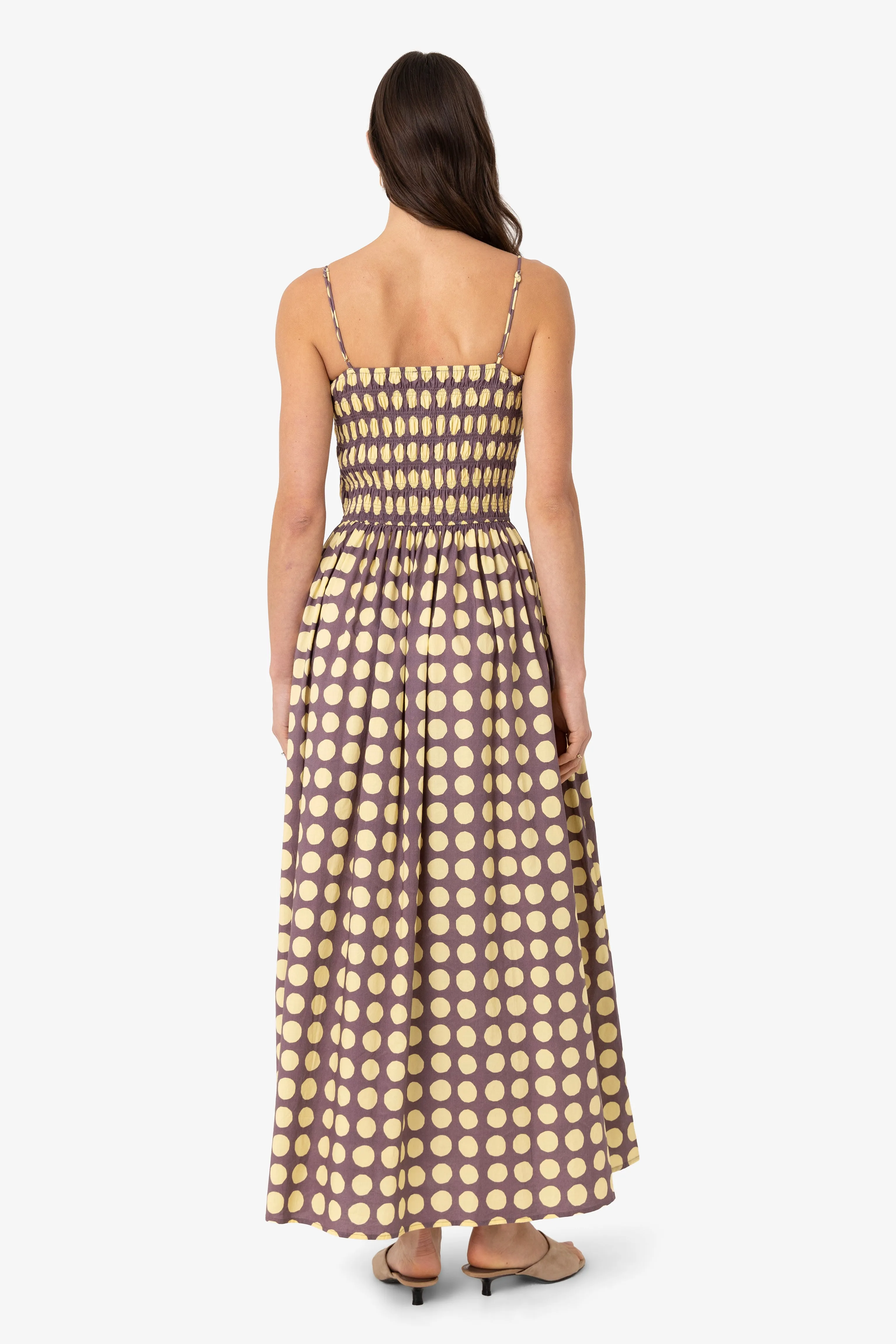 Darcy Yellow and Aubergine Contrast Polka dot Smocked Midi Dress sold by AMYLYNN product image thumbnail 2