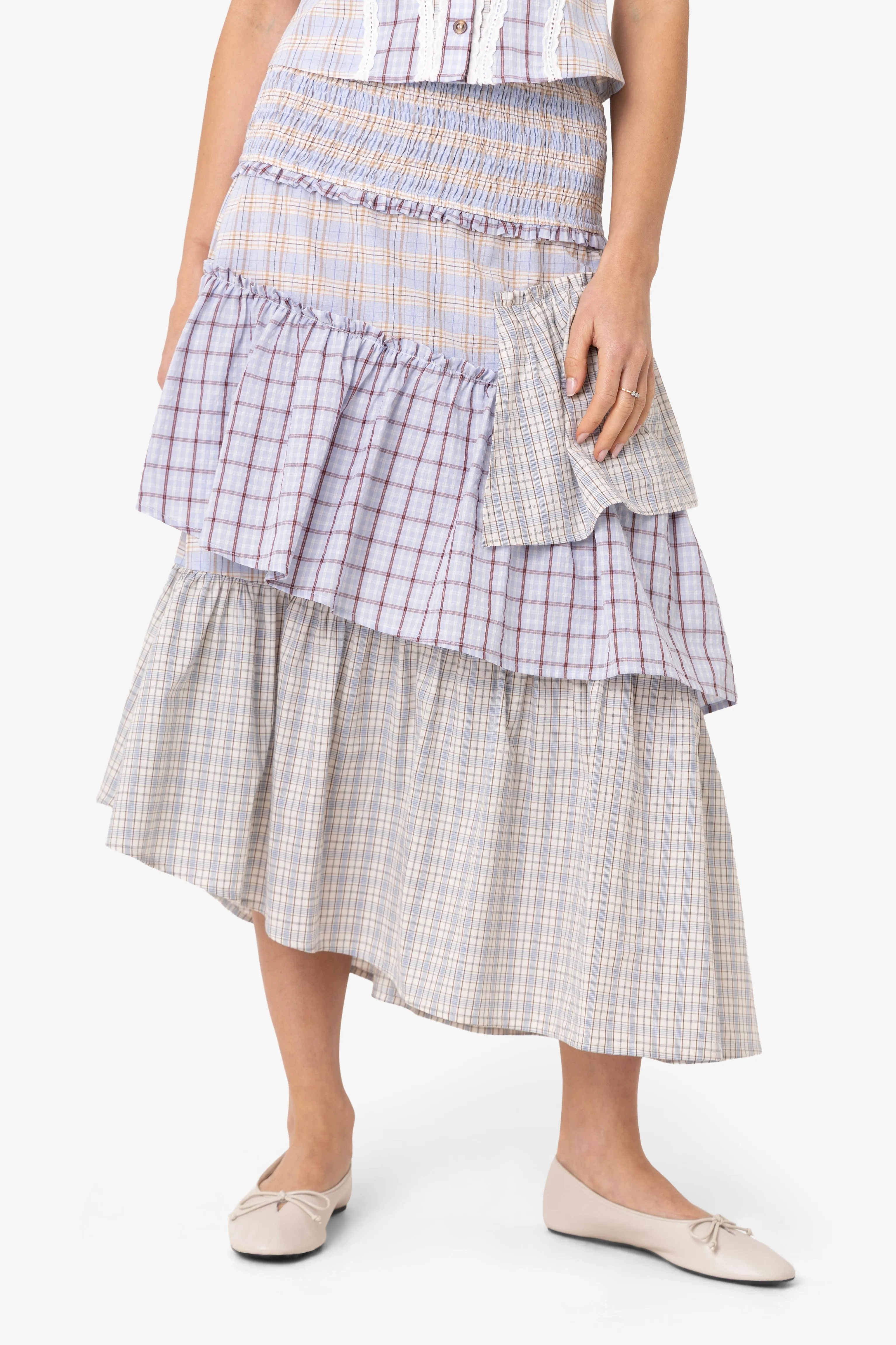 Thea Multi Check Cotton Smocked Tiered Skirt sold by AMYLYNN