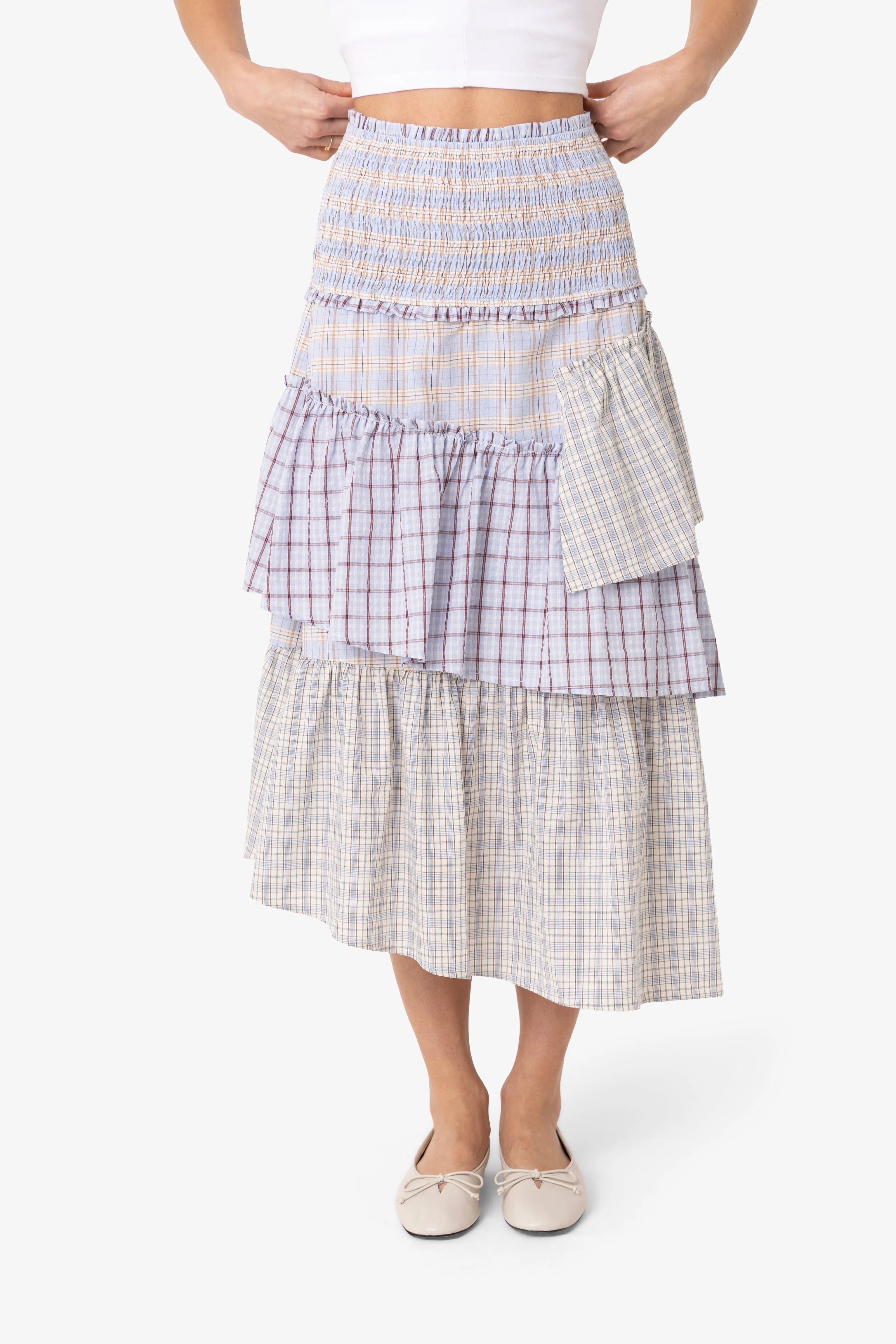 Thea Multi Check Cotton Smocked Tiered Skirt sold by AMYLYNN product image thumbnail 3