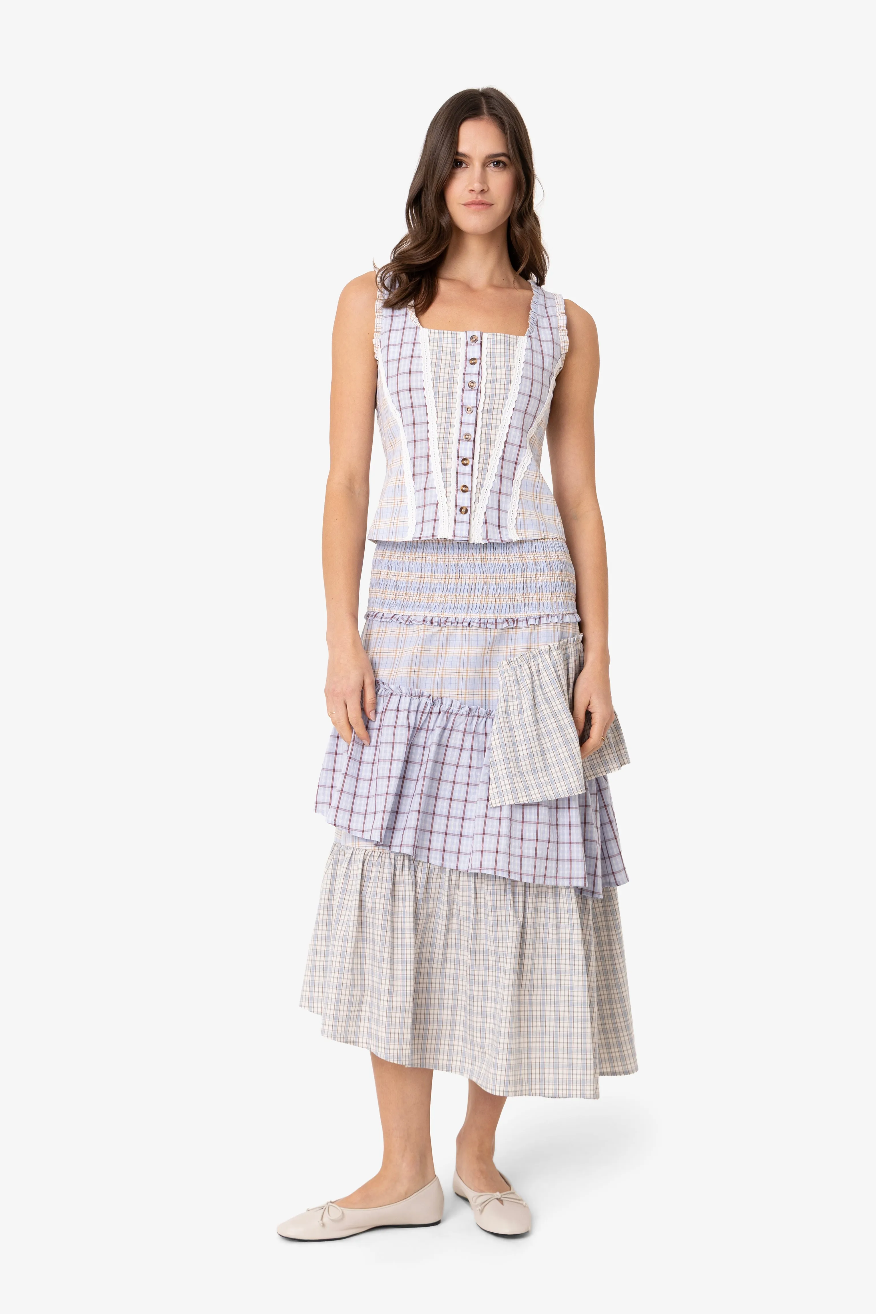 Thea Multi Check Cotton Smocked Tiered Skirt sold by AMYLYNN product image thumbnail 2