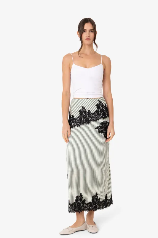 Verona Green Stripe Satin Lace Midi Skirt made by AMYLYNN