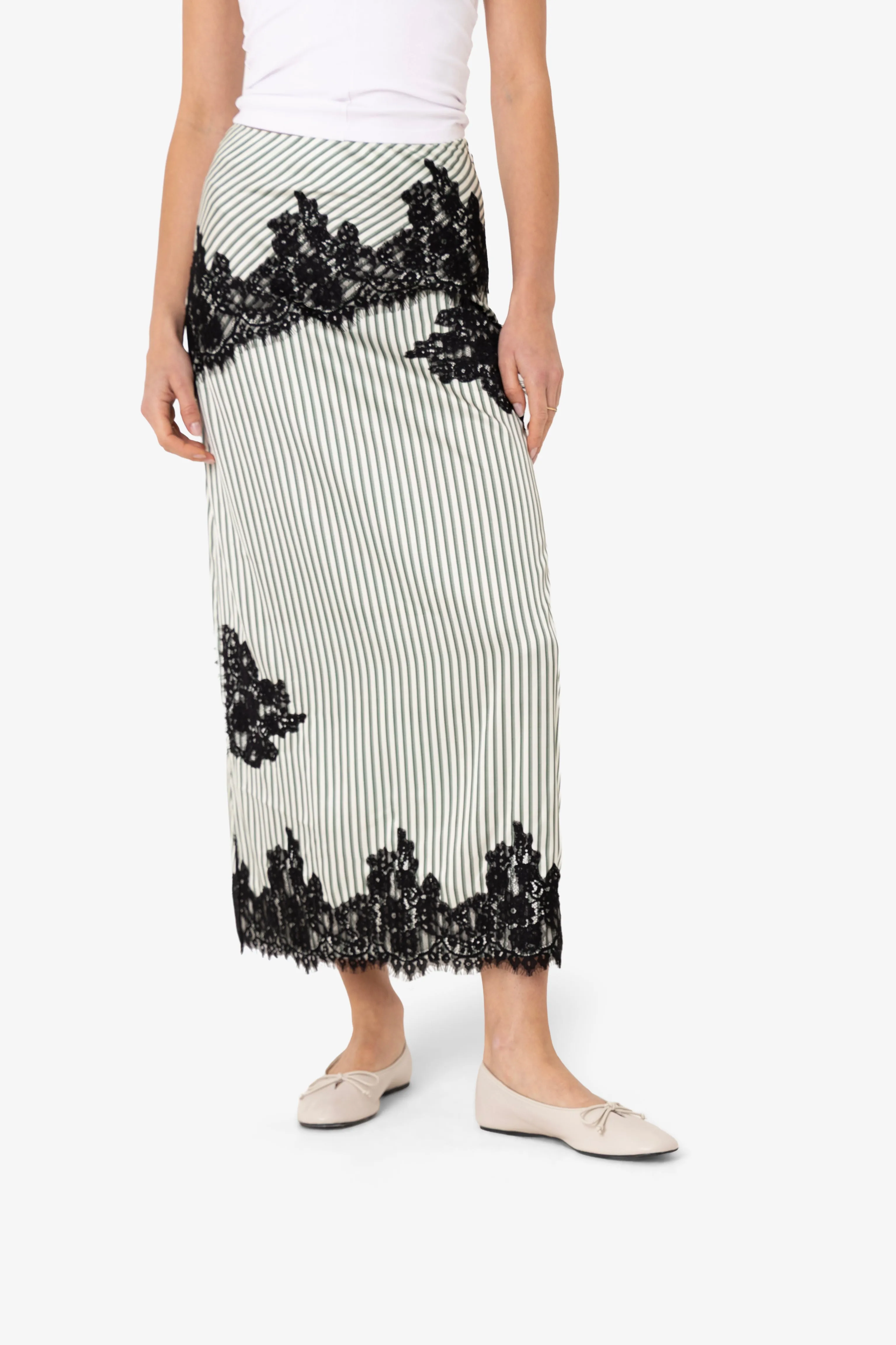 Verona Green Stripe Satin Lace Midi Skirt sold by AMYLYNN product image thumbnail 5