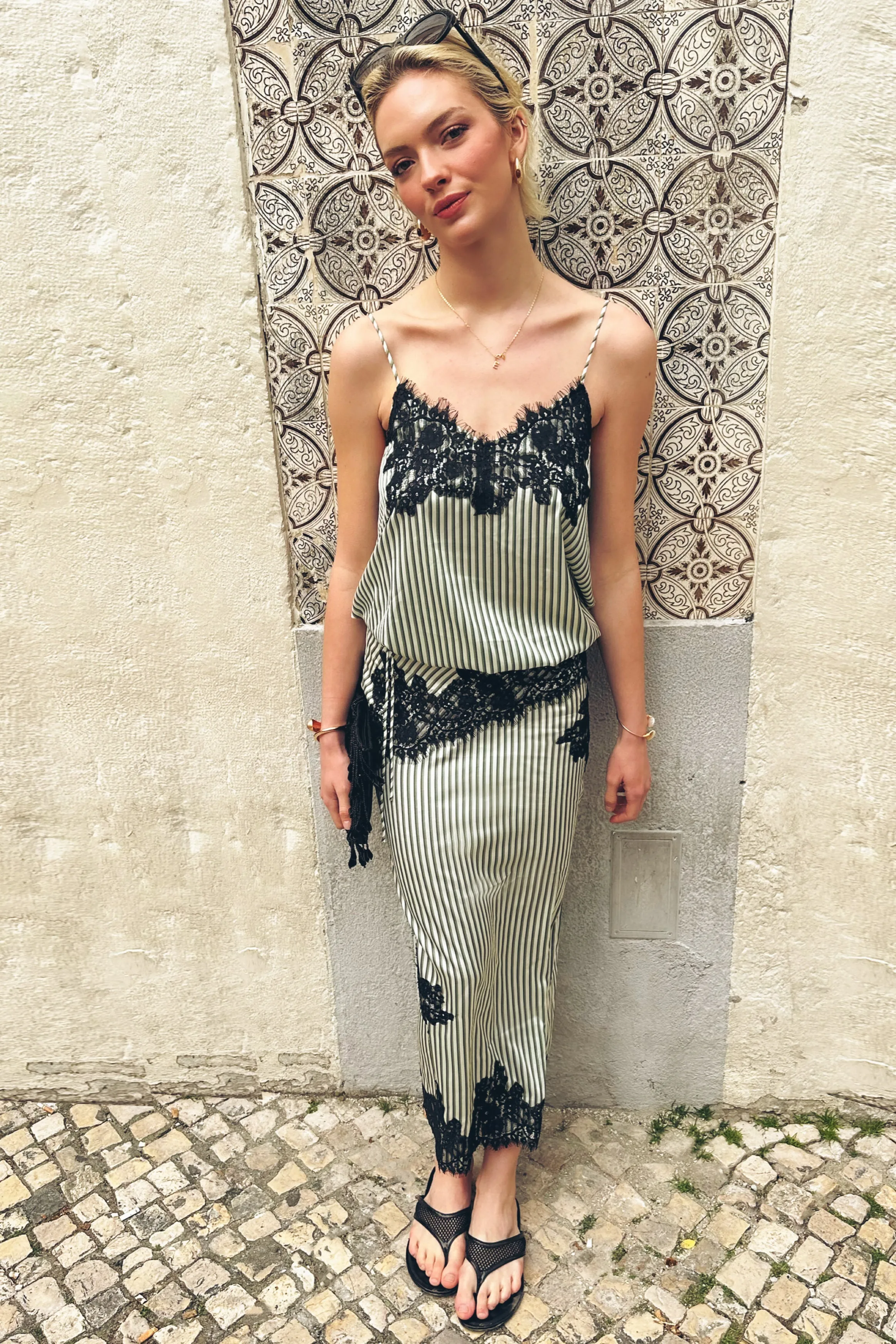 Verona Green Stripe Satin Lace Midi Skirt sold by AMYLYNN product image thumbnail 4