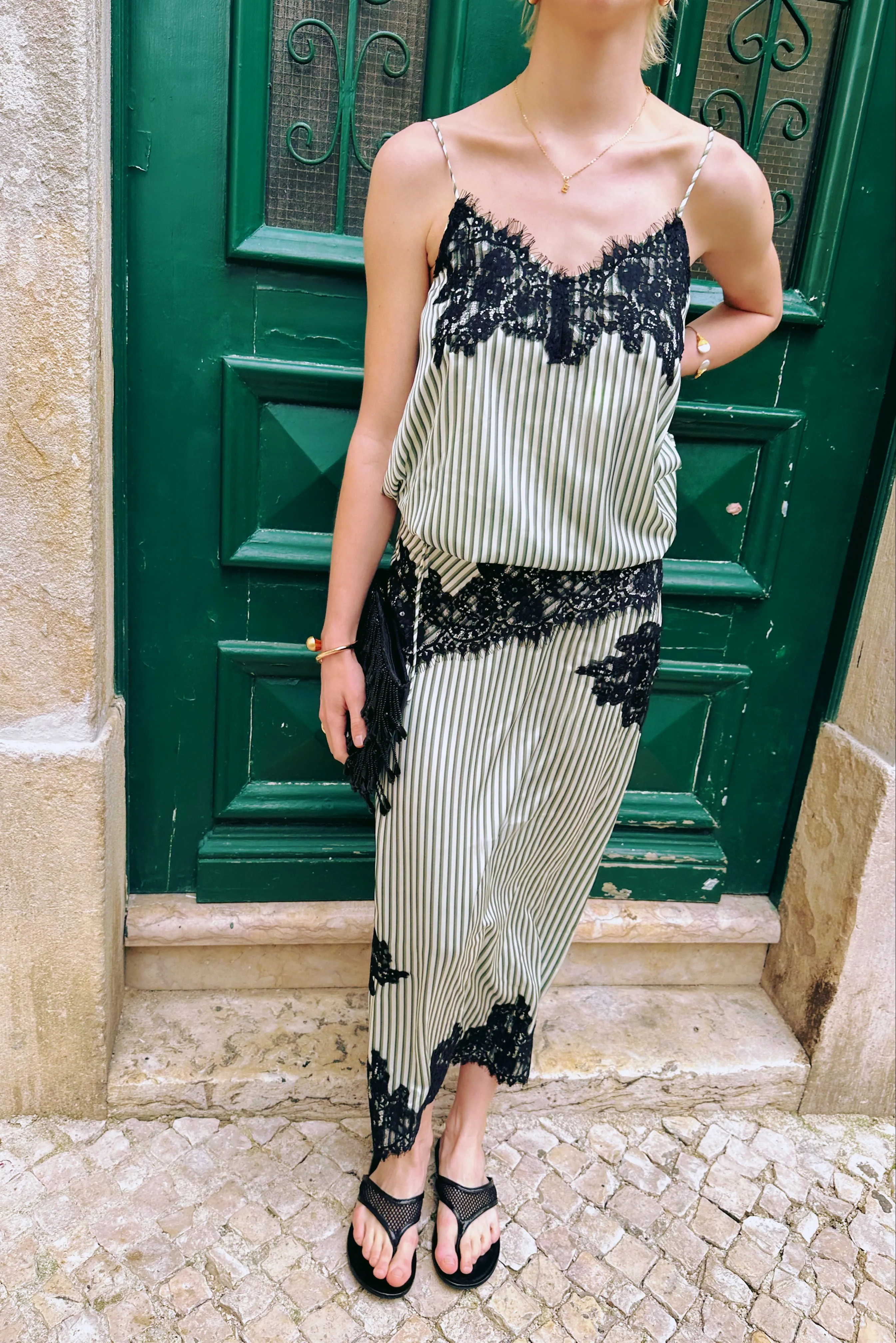 Verona Green Stripe Satin Lace Midi Skirt sold by AMYLYNN product image thumbnail 2