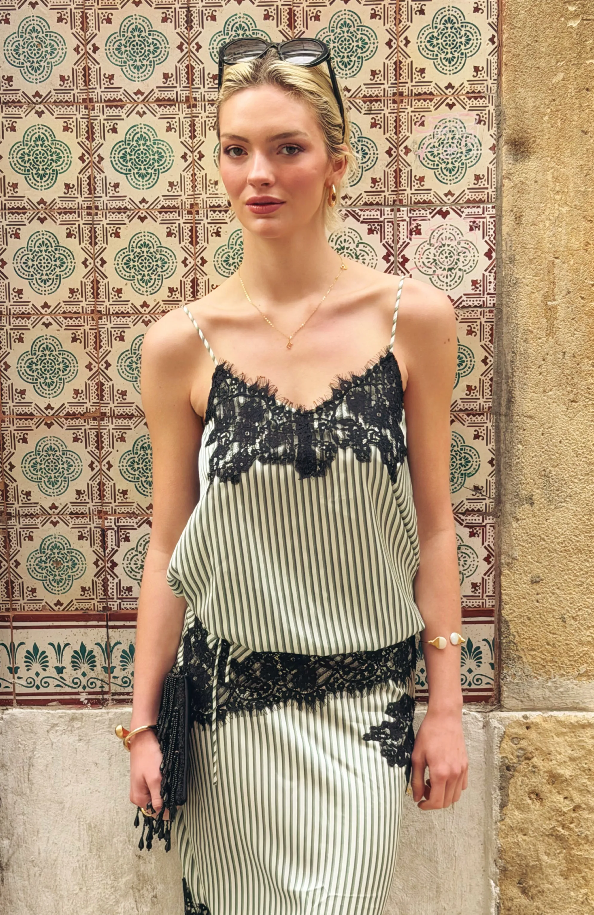 Sienna Green Stripe Satin Lace Top sold by AMYLYNN product image thumbnail 2