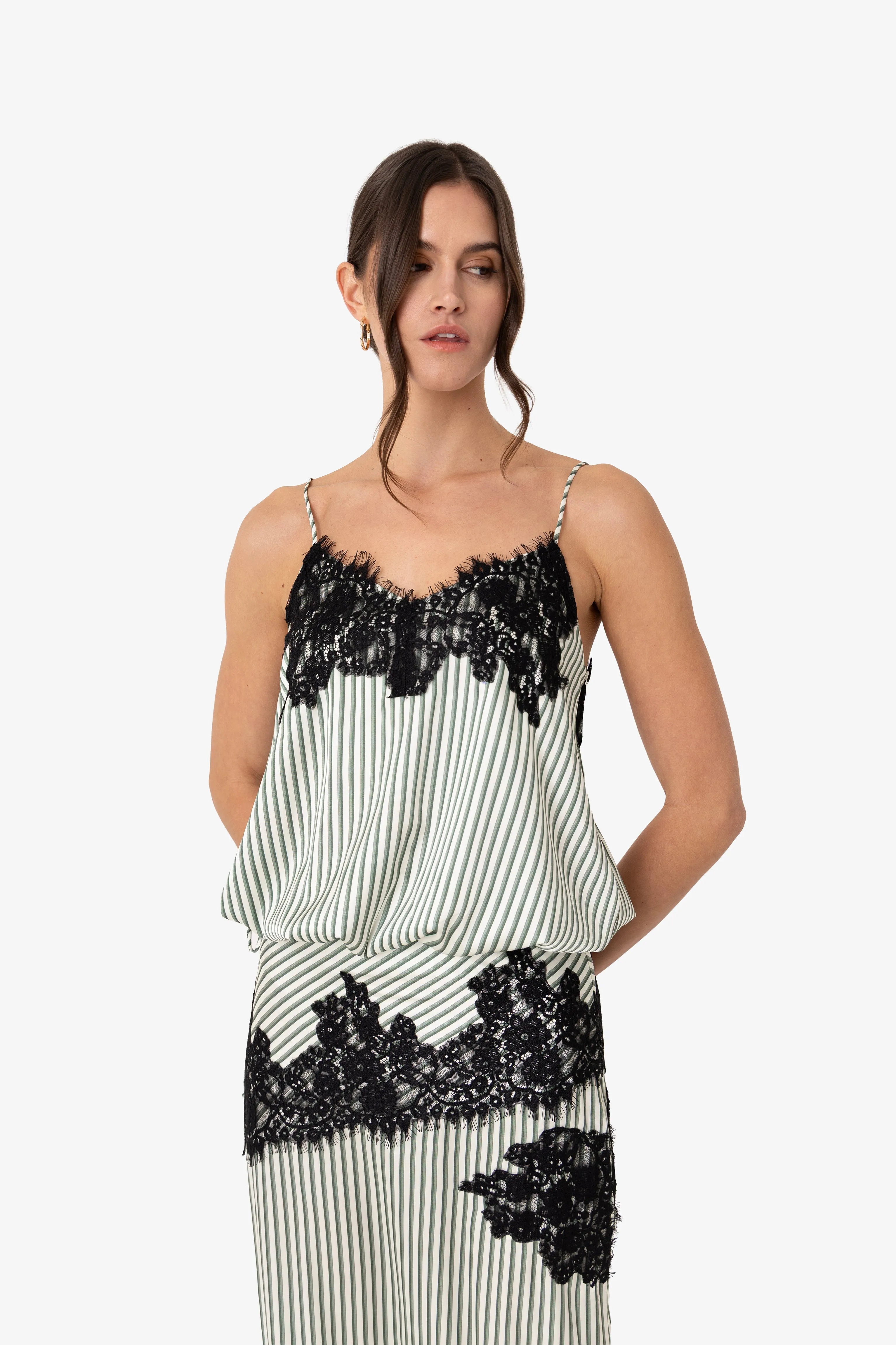 Sienna Green Stripe Satin Lace Top sold by AMYLYNN