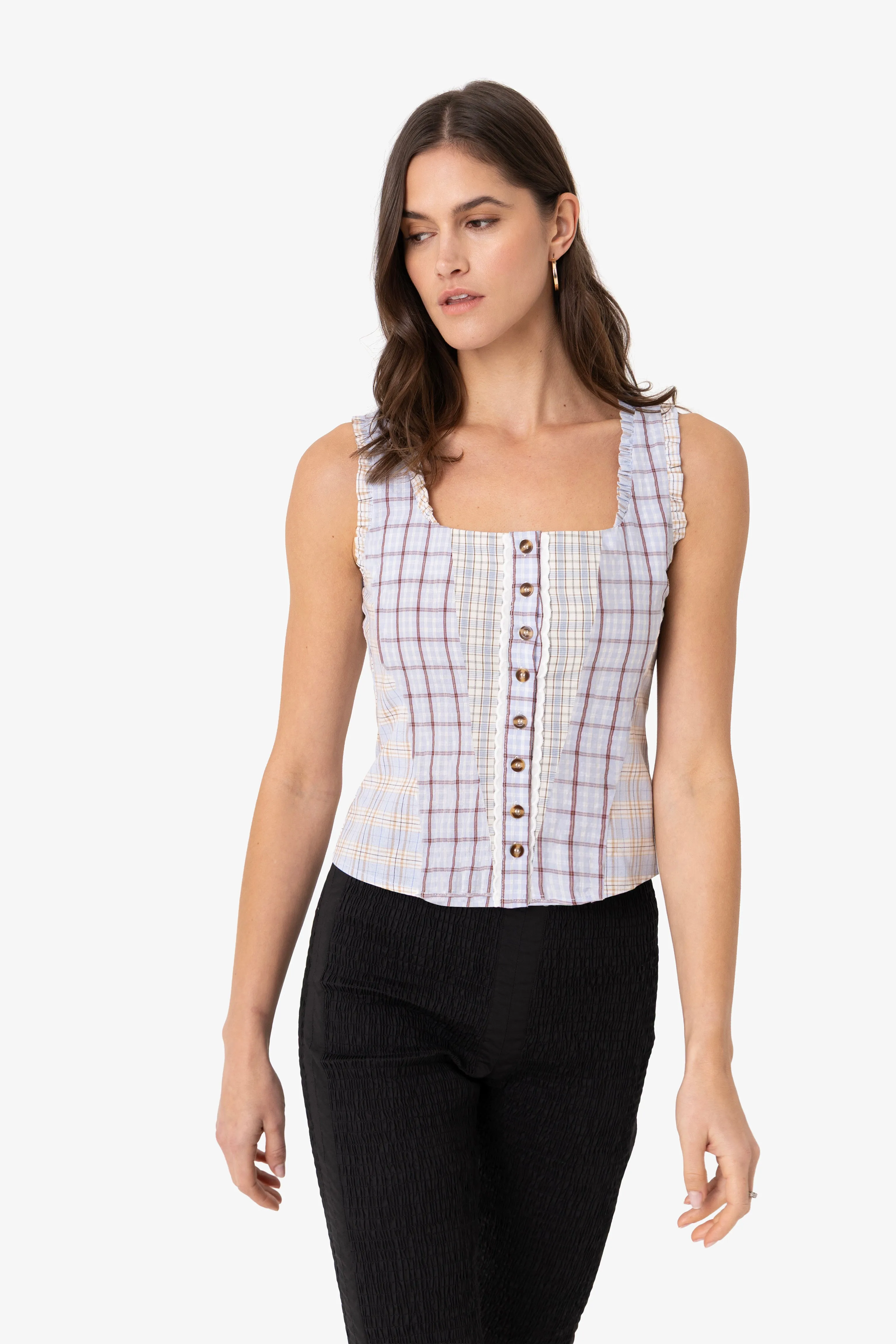 Brittany Multi Check Cotton Blend Frill Top sold by AMYLYNN