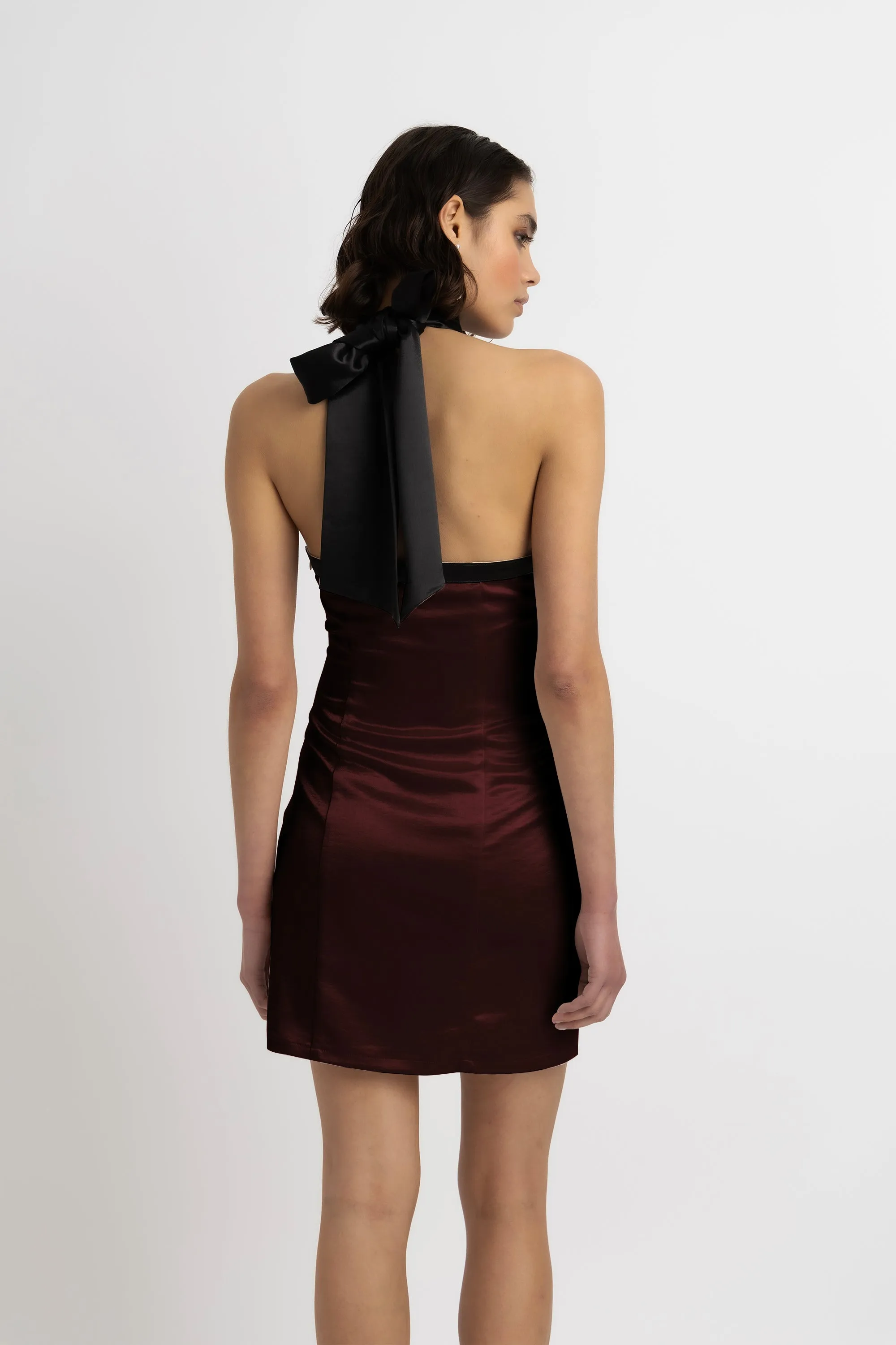 Rosella Satin Halterneck Mini Dress in Brown sold by AMYLYNN product image thumbnail 3