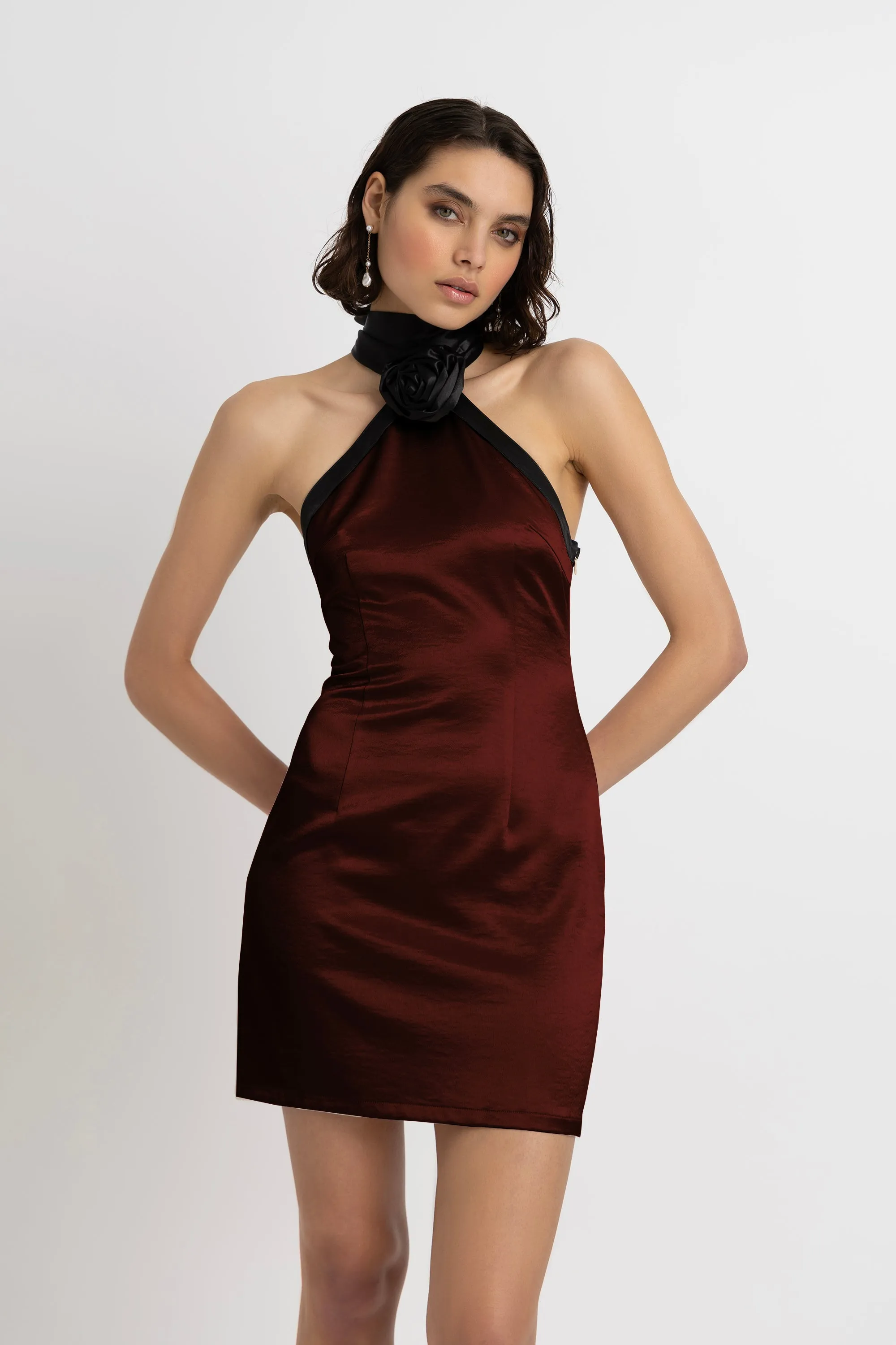 Rosella Satin Halterneck Mini Dress in Brown sold by AMYLYNN product image thumbnail 5