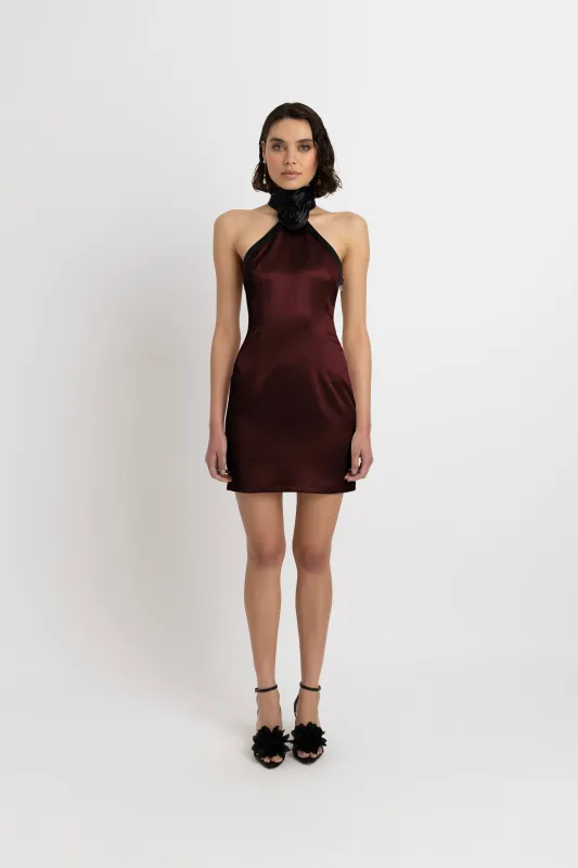 Rosella Satin Halterneck Mini Dress in Brown made by AMYLYNN
