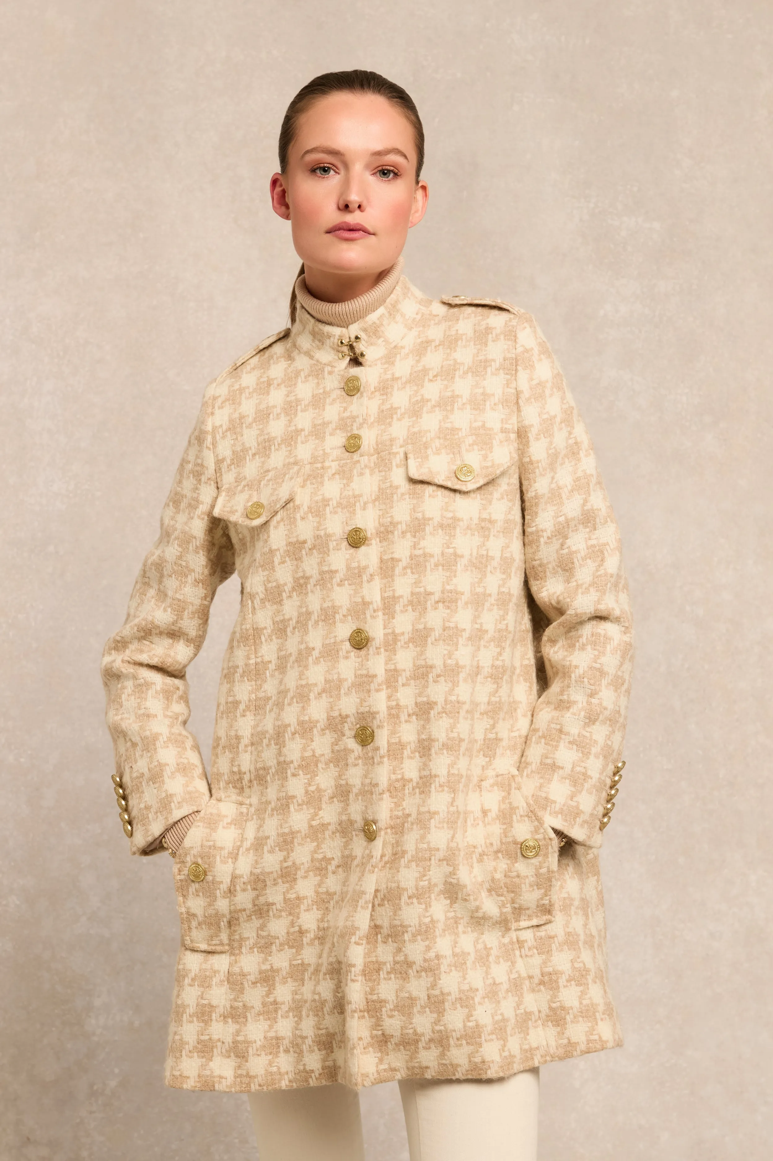 Highbury Cape Coat (Camel Houndstooth) sold by Holland Cooper