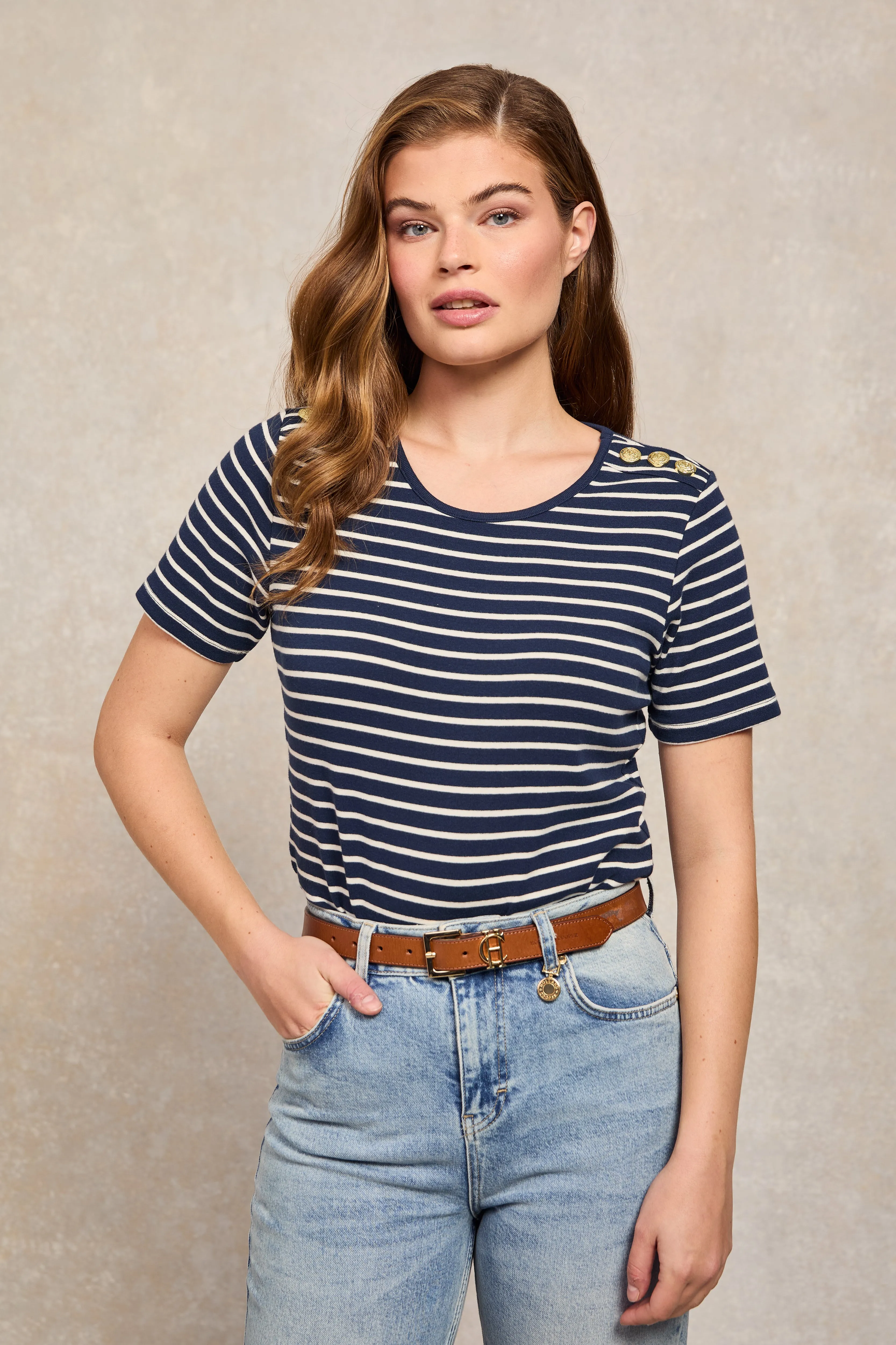 Padstow Crew Neck Tee (Ink Navy Natural Stripe) sold by Holland Cooper