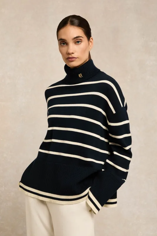 Antonia Roll Neck Knit (Ink Navy Stripe) sold by Holland Cooper