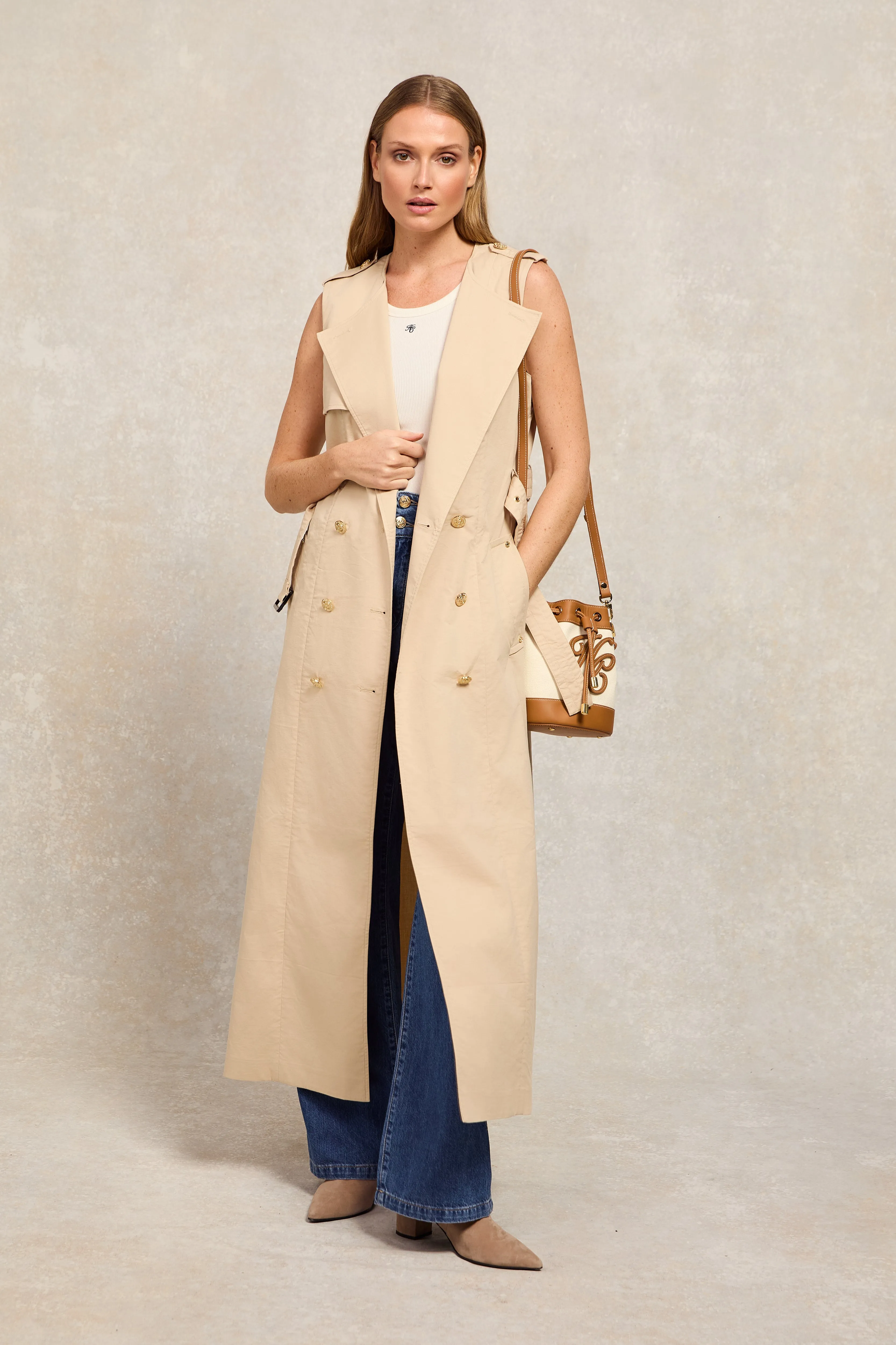 Collarless Trench Gilet (Stone) sold by Holland Cooper