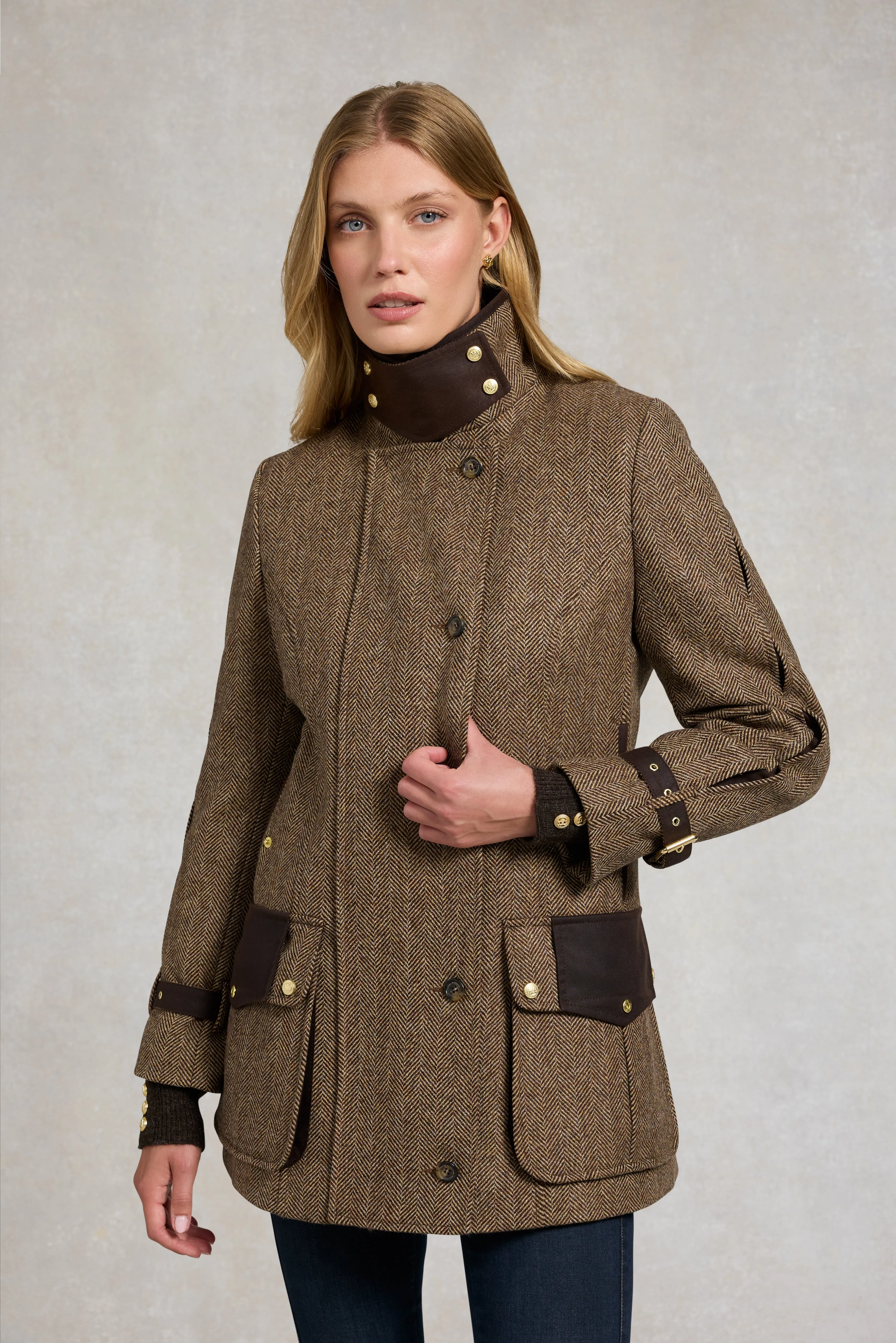 Balmoral Field Coat (Large Scale Brown Herringbone) sold by Holland Cooper