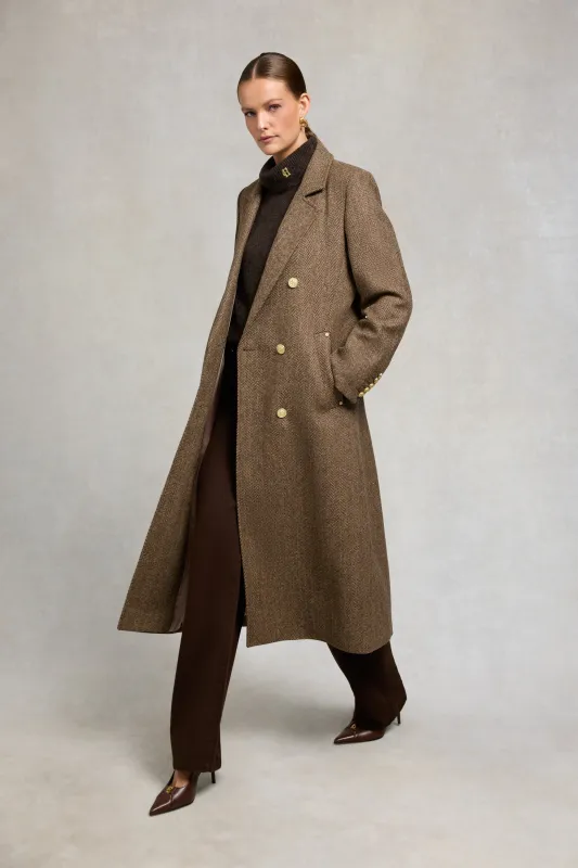Double Breasted Coat (Large Scale Brown Herringbone) made by Holland Cooper