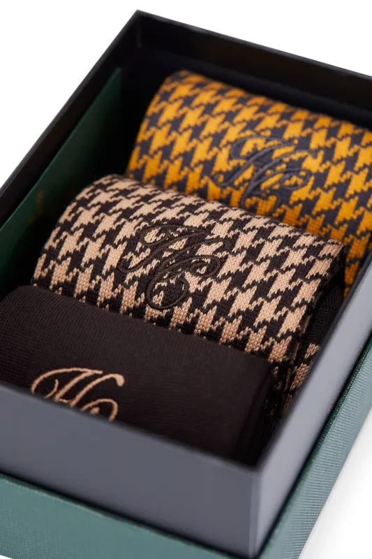 Men's Sock Gift Box (Chocolate Houndstooth Set) made by Holland Cooper