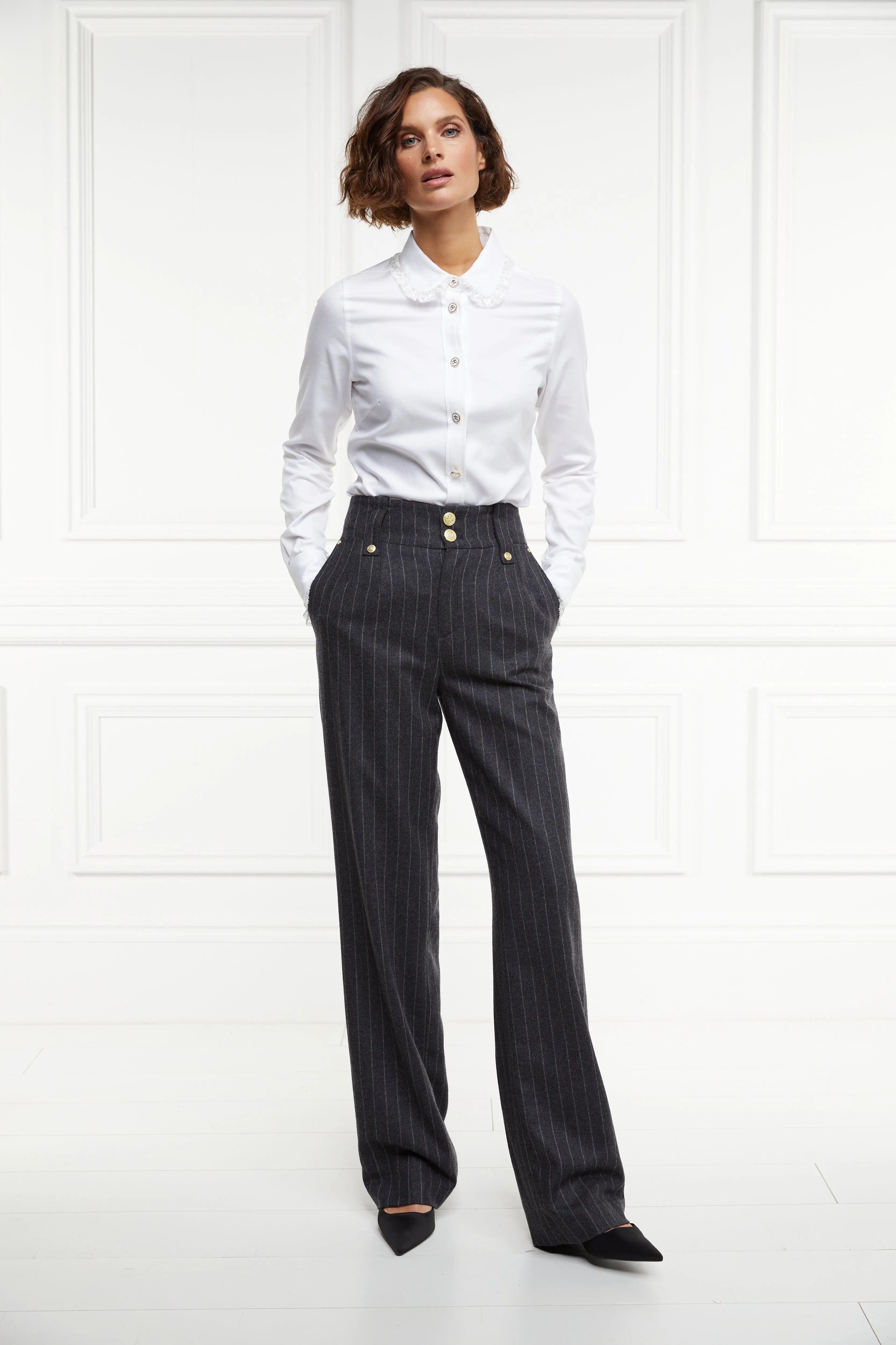 High Waisted Straight Trouser (Charcoal Pinstripe) sold by Holland Cooper