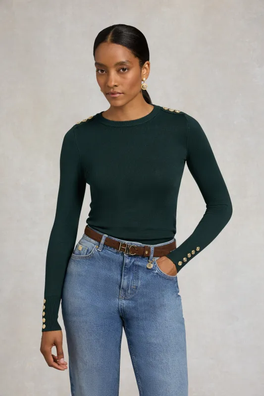 Buttoned Knit Crew Neck (Deep Emerald) made by Holland Cooper