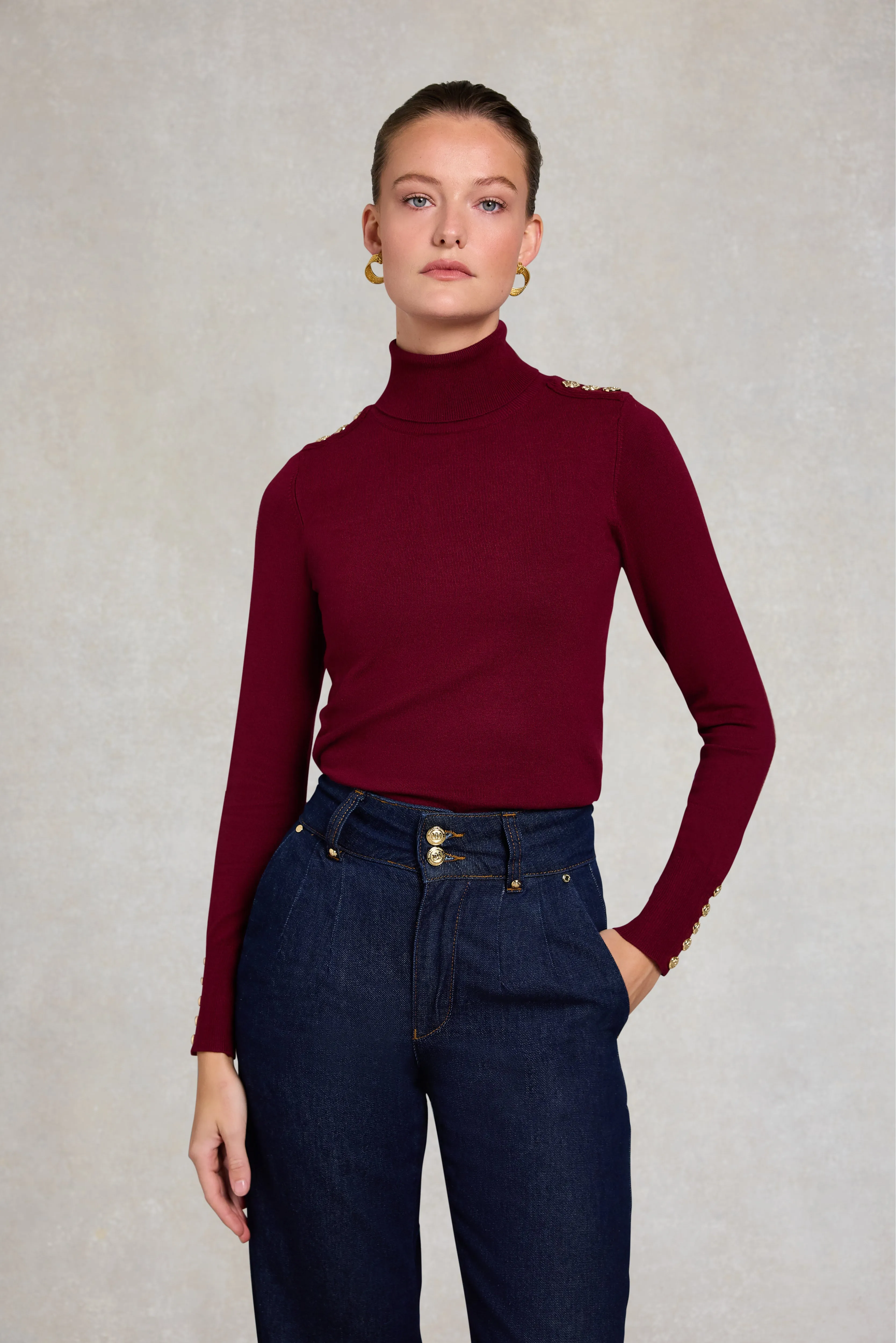 Buttoned Knit Roll Neck (Wine) sold by Holland Cooper