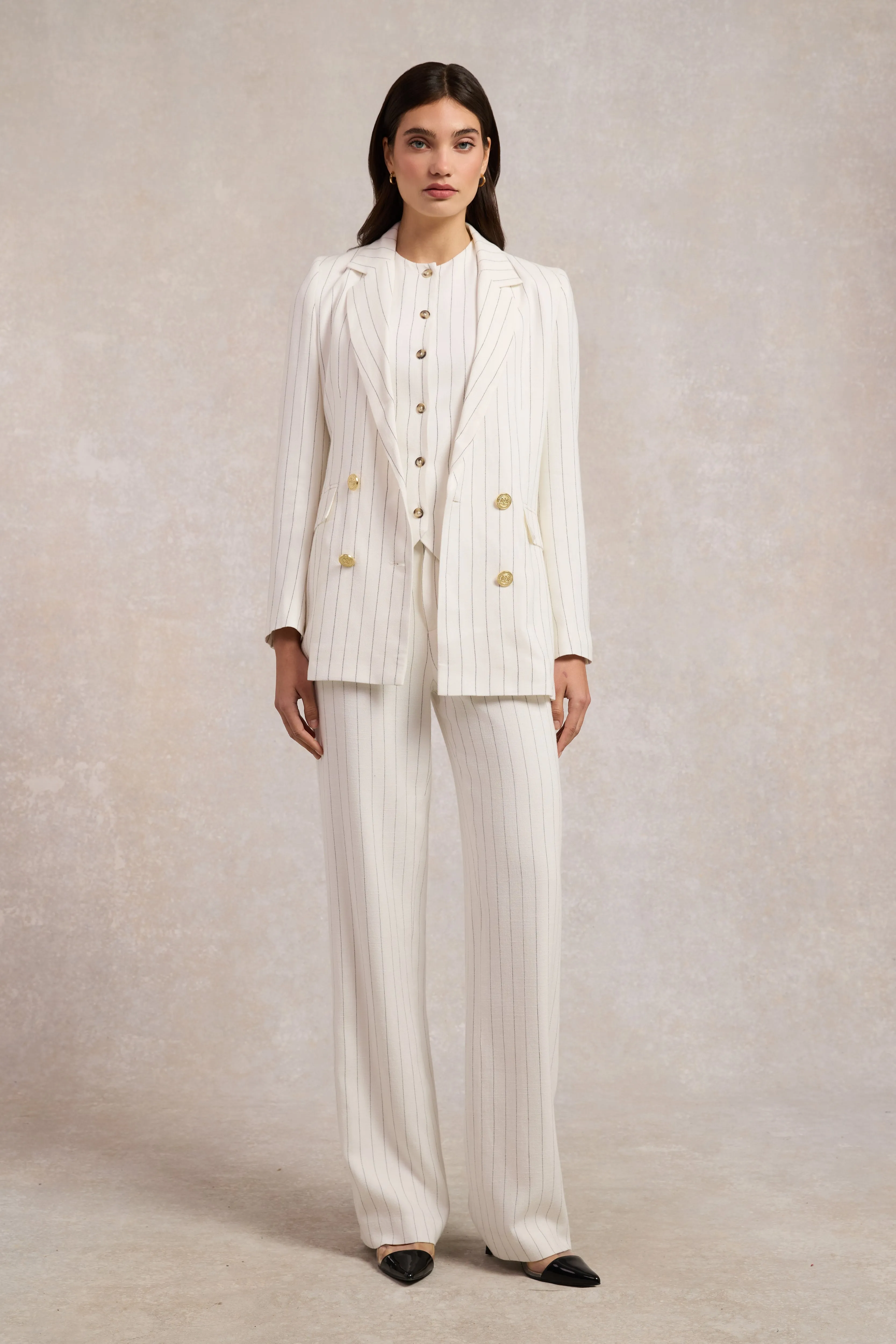 Double Breasted Blazer (Oyster Linen Pinstripe) sold by Holland Cooper