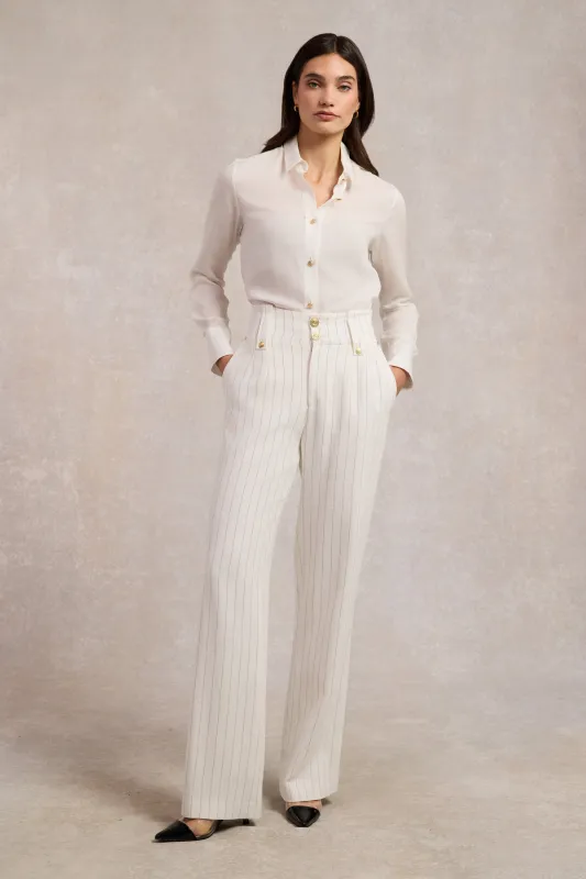 High Waisted Straight Trouser (Oyster Linen Pinstripe) sold by Holland Cooper