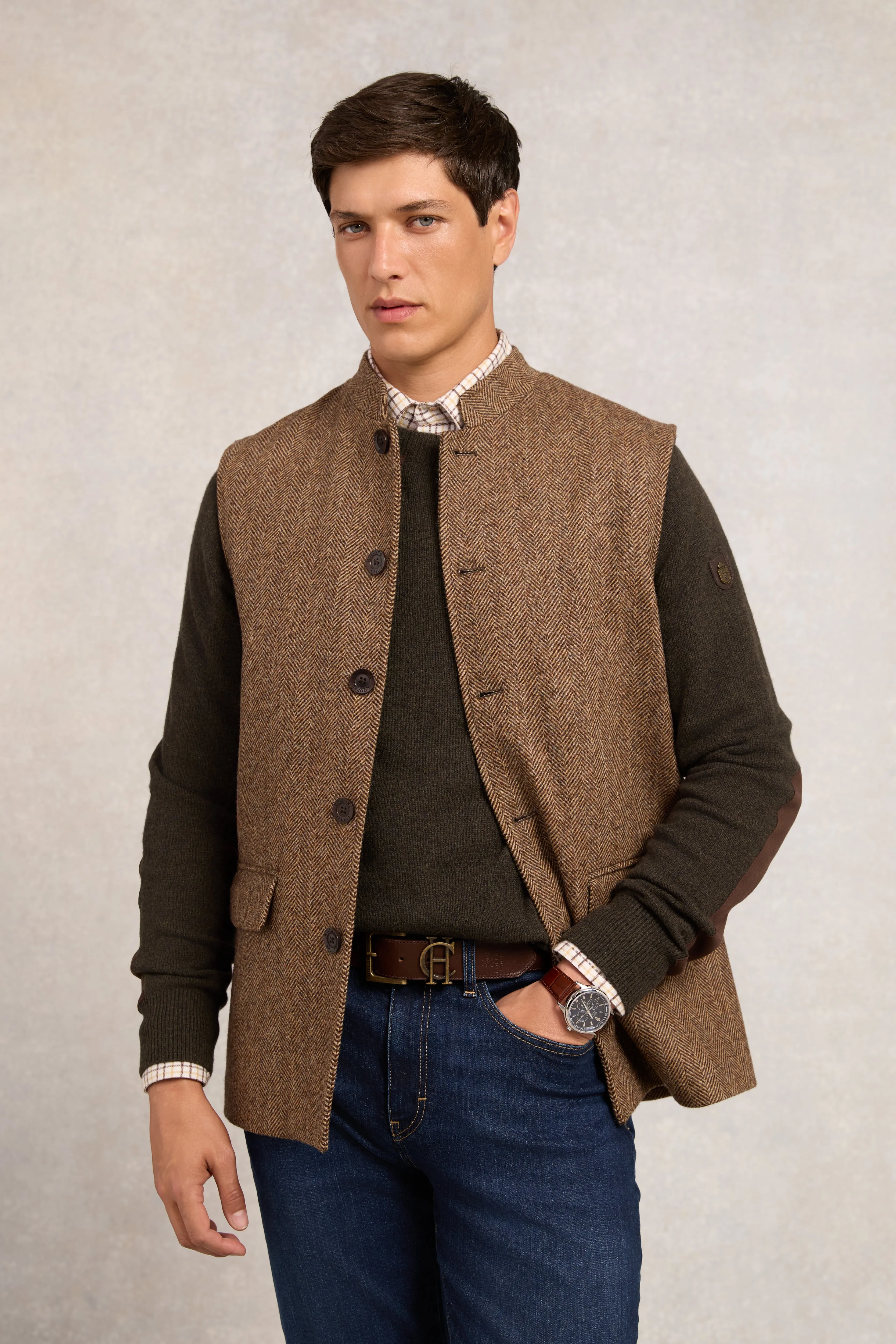 Nehru Gilet (Large Scale Brown Herringbone) sold by Holland Cooper